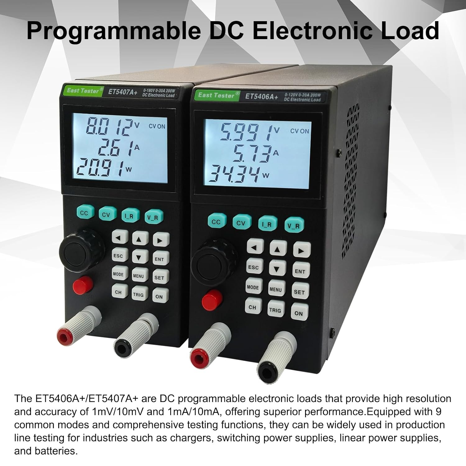ET5407A+ Programmable DC Electronic Load 200W 0–180V 0–30A 1mV/1mA High-Resolution Battery Power Supply Tester with CC/CV/CR/CP Modes USB Control LCD Display for Lab R&D
