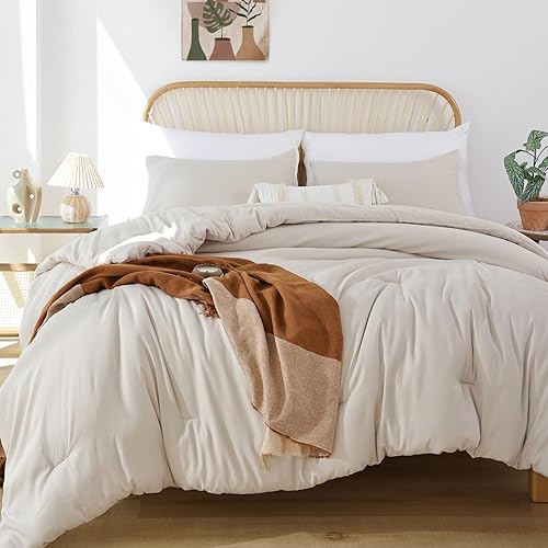 ROSGONIA Juego de edredón beige tamaño Queen, 3 piezas (1 edredón beige bohemio y 2 fundas de almohada), ropa de cama ligera y suave para todas las