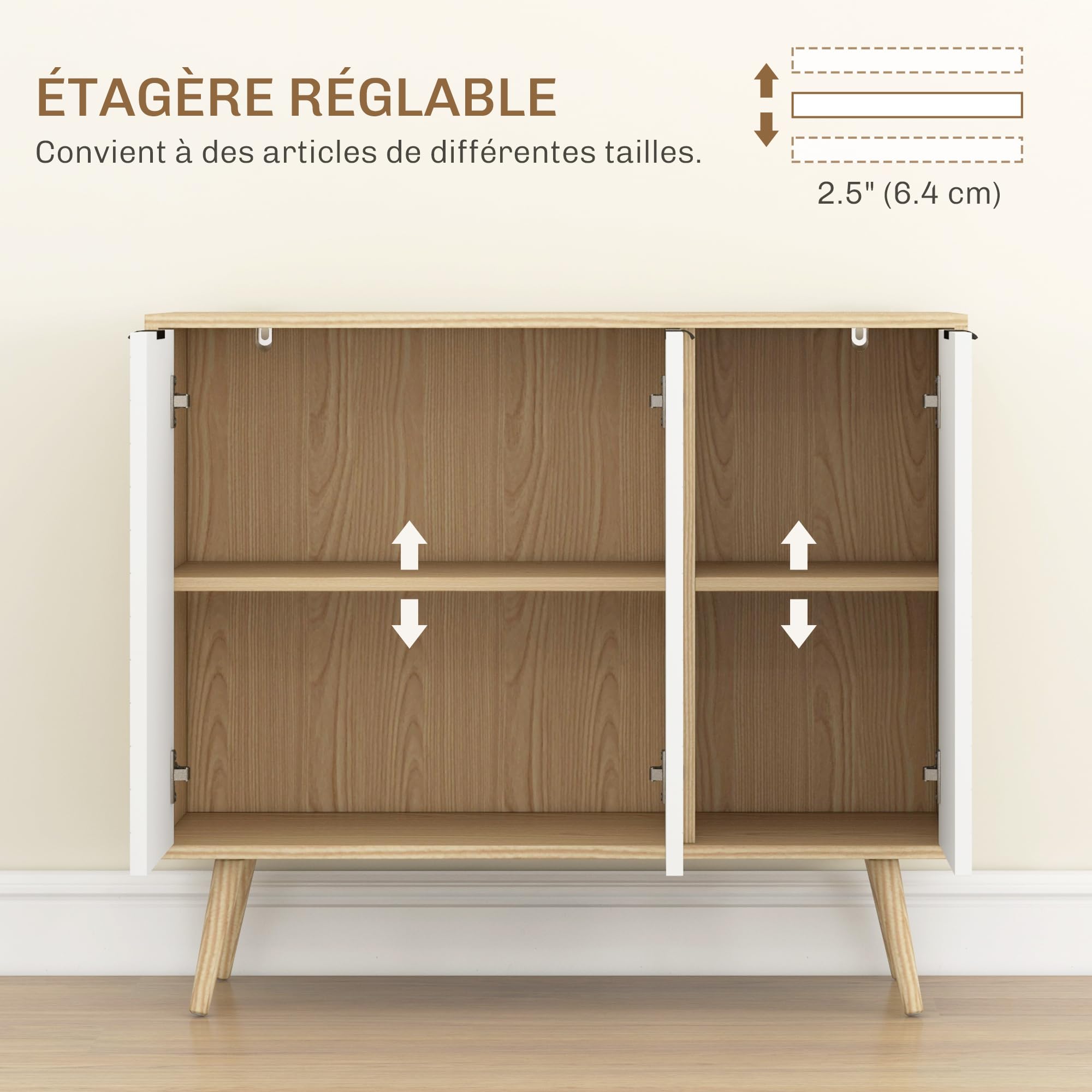 HOMCOM Buffet Salon, Meuble de Rangement avec 3 Portes et étagère réglable, Pieds en Bois de pin, Buffet Salle à Manger Cuisine et Chambre, 91,5 x 35 x 77,4 cm, Blanc et Bois Naturel