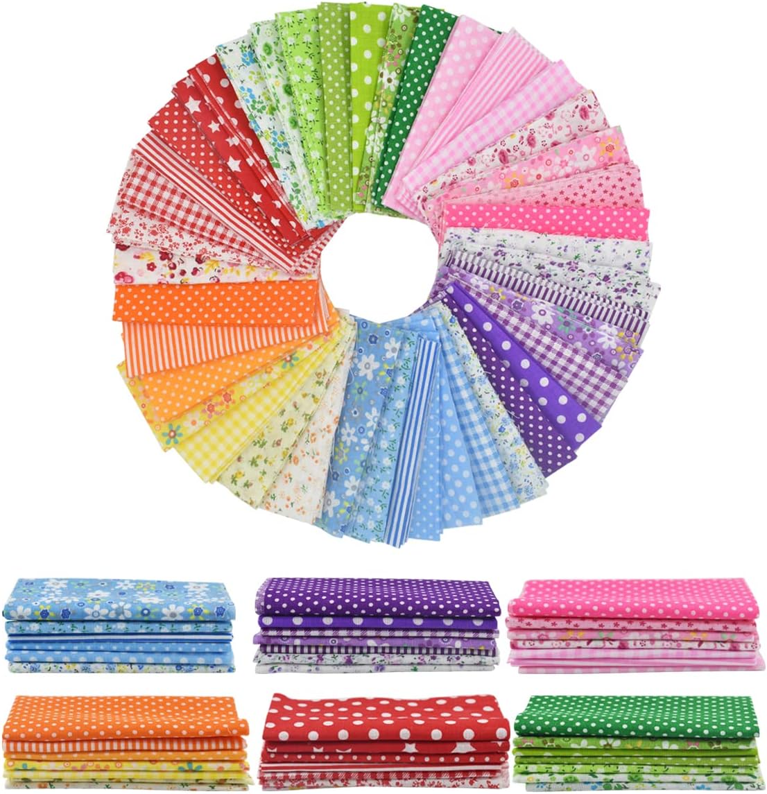 9.8X 9.8 42Pcs Cotton Print Fabric Bundle Squares Pre-Cut Multicolor Design Printed Quilting Sewing Floral for Quilting Patchwork DIY Craft Scrapbooking Cloth (Red/Yellow/Green/Blue/Pink/Purple)
