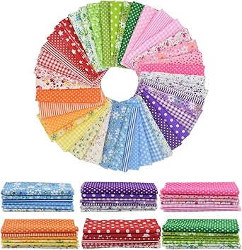 9.8X 9.8 42Pcs Cotton Print Fabric Bundle Squares Pre-Cut Multicolor Design Printed Quilting Sewing Floral for Quilting Patchwork DIY Craft Scrapbooking Cloth (Red/Yellow/Green/Blue/Pink/Purple)