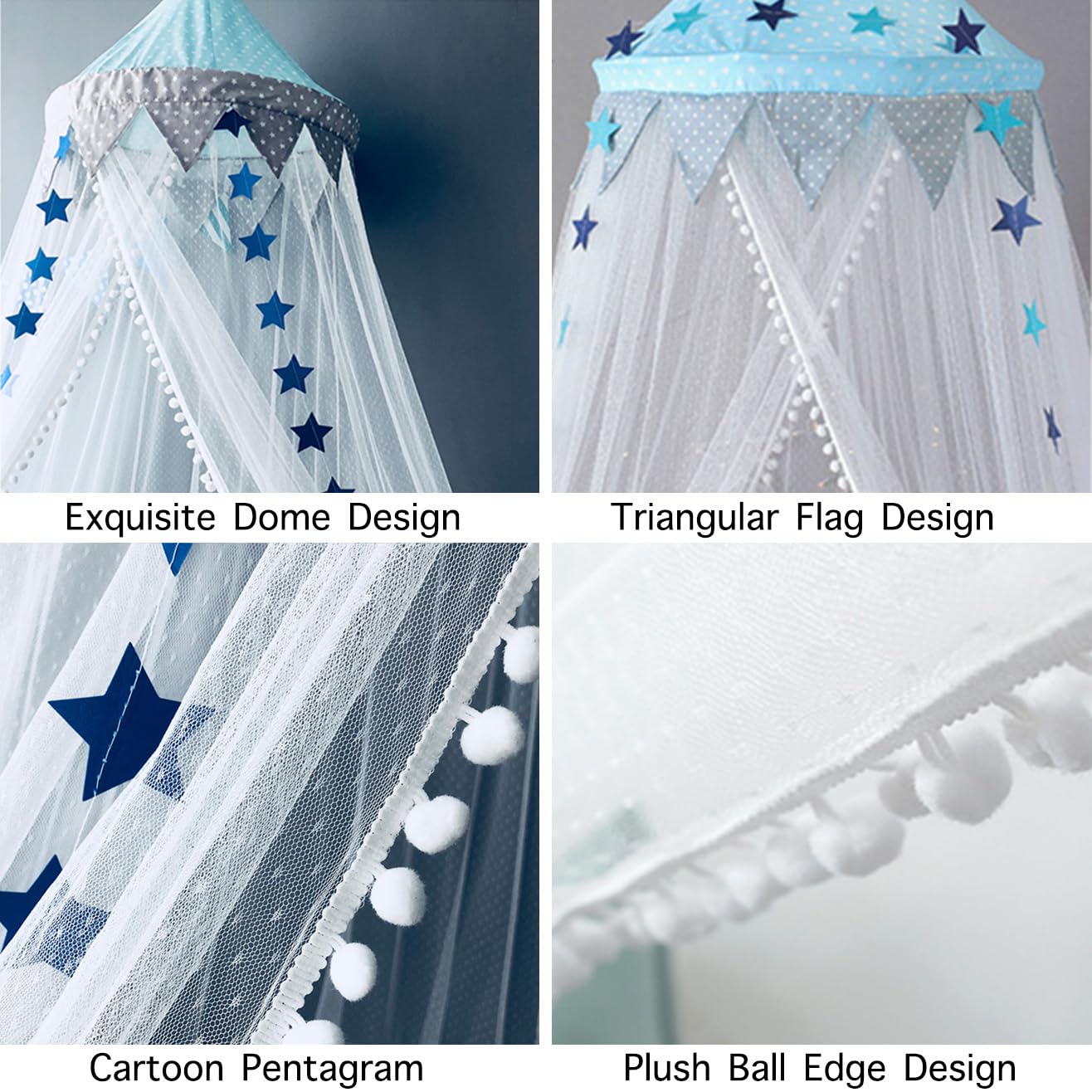 Pabellón de la cama de mosquitero para bebé con estrellas Banderines Carpas colgantes lindas Malla de cortinas Decoración para niños Habitación para niños Princesa Bebé cuna, Azul