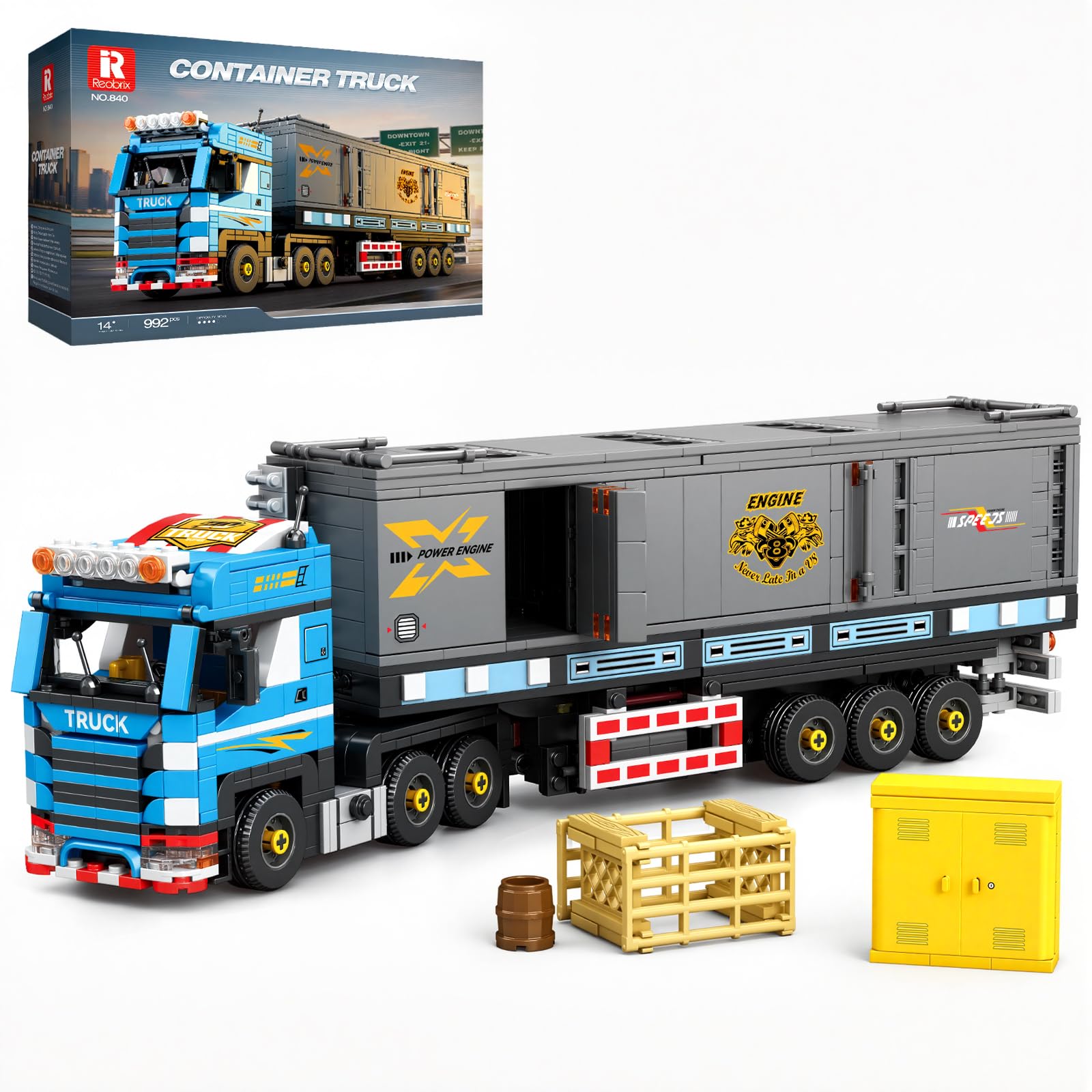 Reobrix Container Truck Model Kit with Cargo Trailer, Semi Truck Building