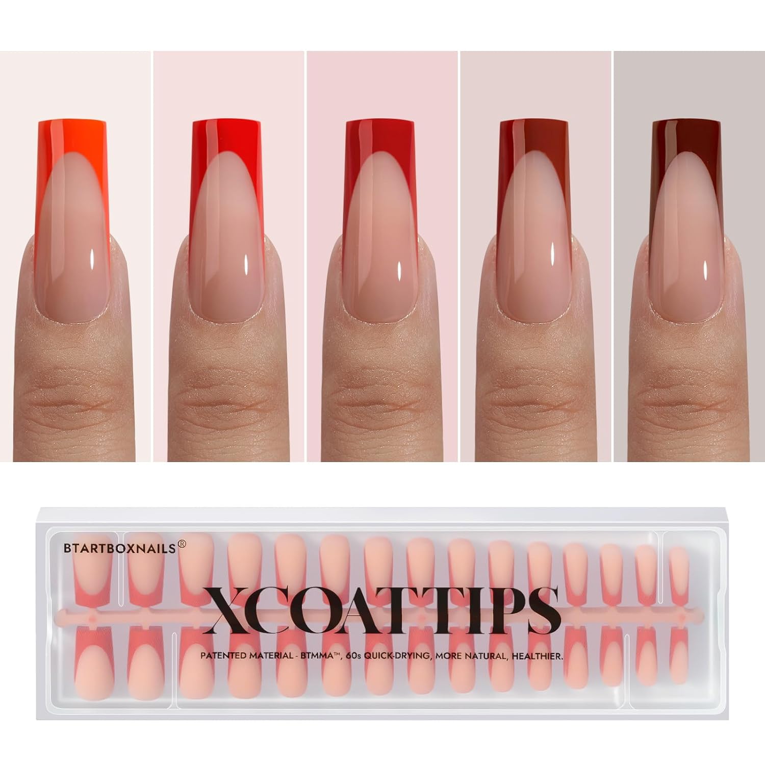 BTArtboxnails XCOATTIPS Red French Tip Press on Nails – Red French Tip Nails Square, Christmas Press on Nails Long, Soak Off Soft Gel Nail Extension 150Pcs