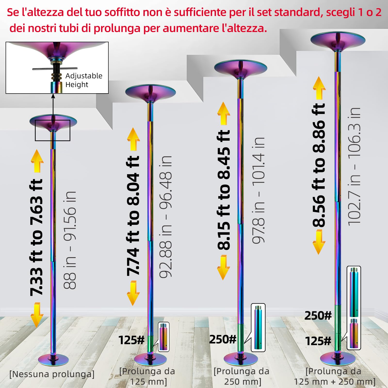 PRIOR FITNESS - Poste Dance Pole de 45 mm con modos estáticos y giratorios, ajustable de 2235 a 2700 mm, apto para gimnasios, fiestas y estudios