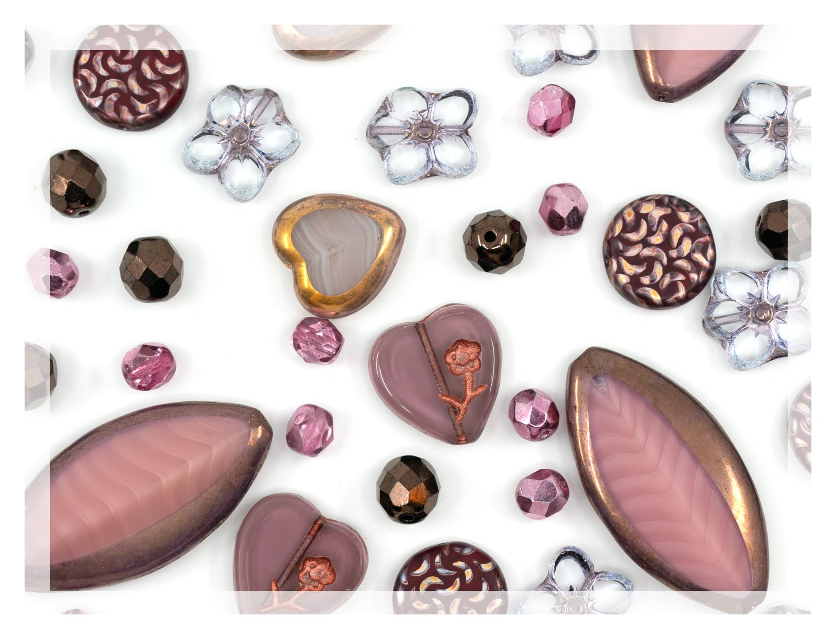 45+ pcs (60g) of Focal Glass Bead Mix with Table-Cut Flower and Butterfly Beads, PG Pink Purple, Fuchsia Pink Purple