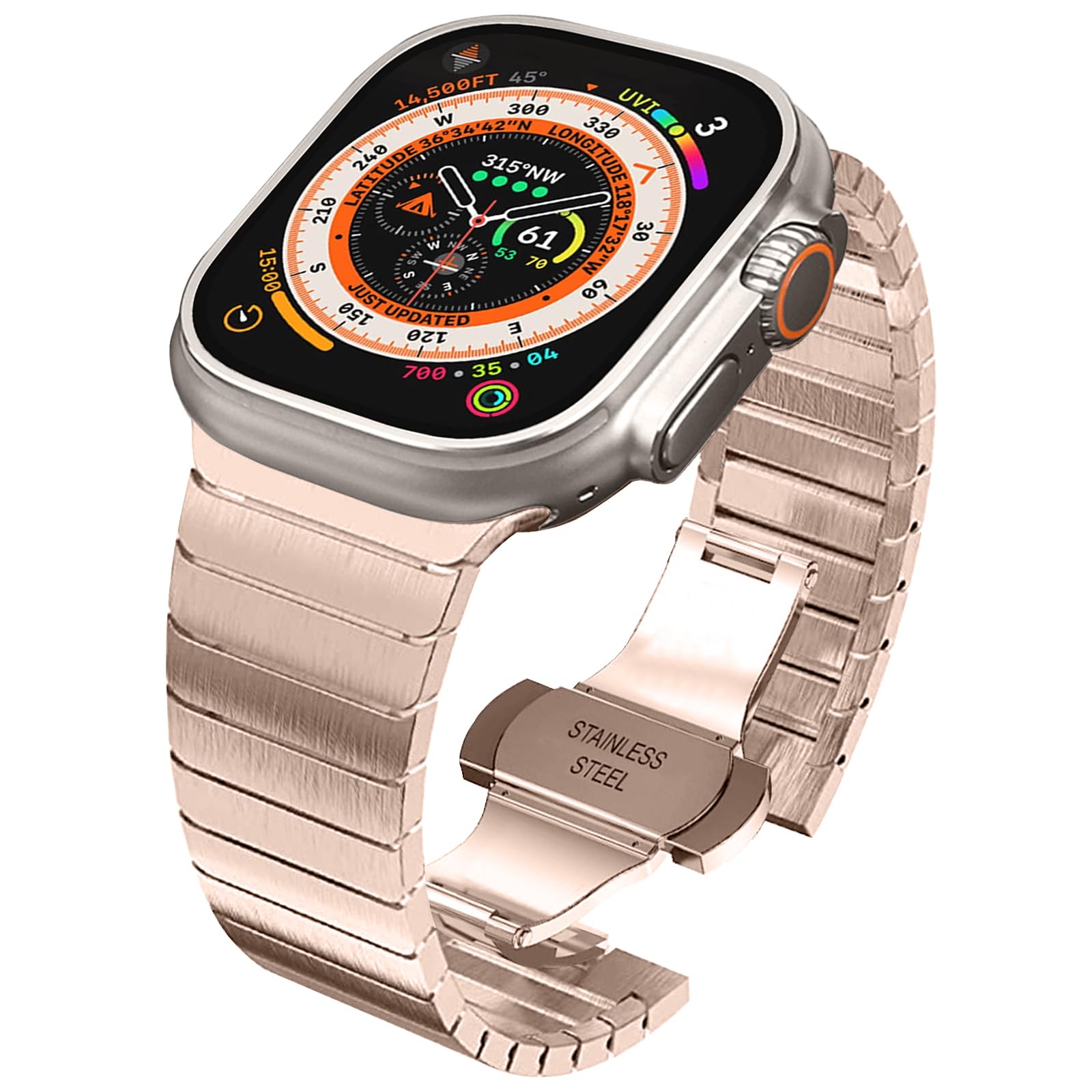 Stainless Steel Band Compatible with Apple Watch Ultra Band 49mm 45mm 44mm 42mm 38mm 40mm 41mm, Metal Strap for Apple Watch Series 8 7 6 5 4 3 2 1 SE (42mm/44mm/45mm/49mm, 0.Rose Gold)