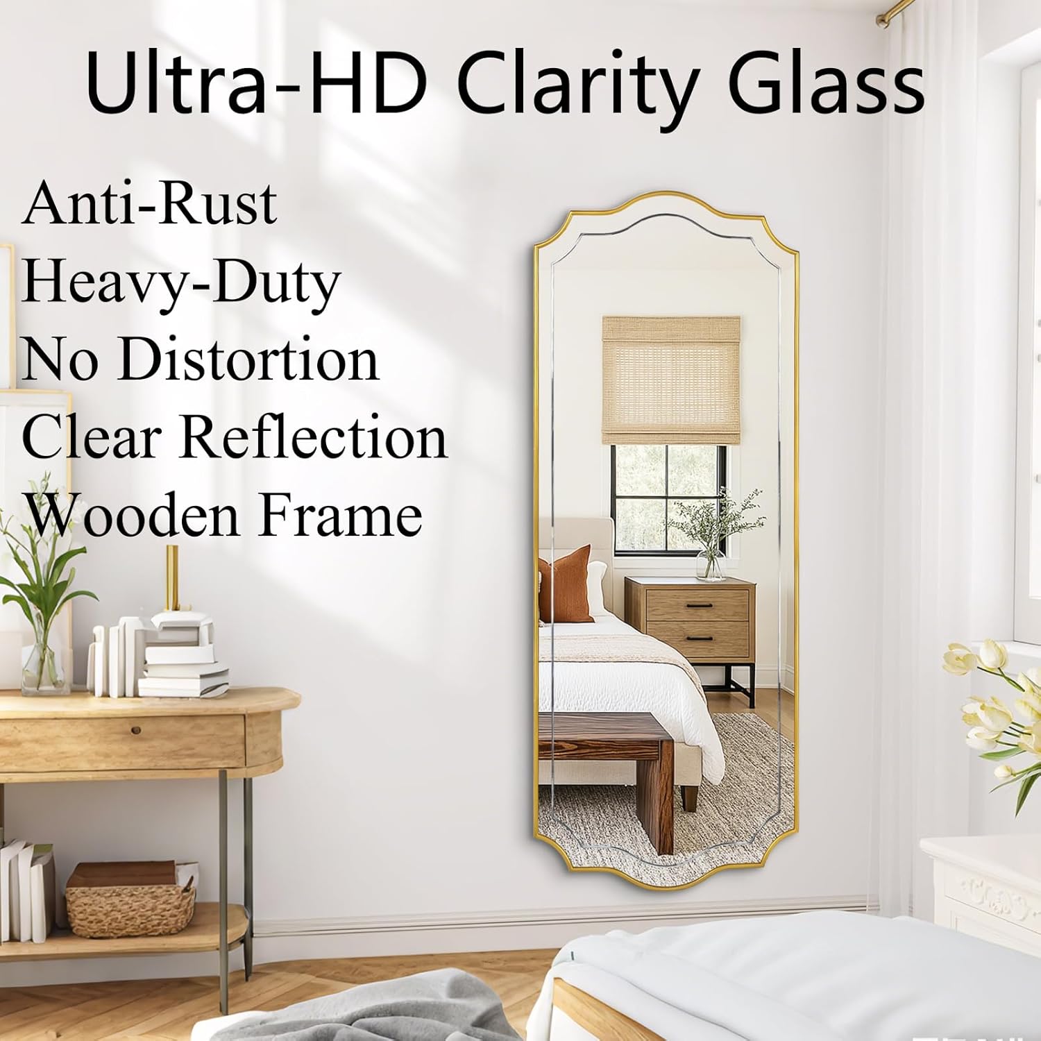 POZINO Gold Scalloped Mirror, 24"x47" Large Rectangle Aesthetic Wall Mirror with Wood Frame, Modern Elegant Wavy Mirrors for Living Room Bedroom Hallway Entryway, Horizontal or Vertical Hanging