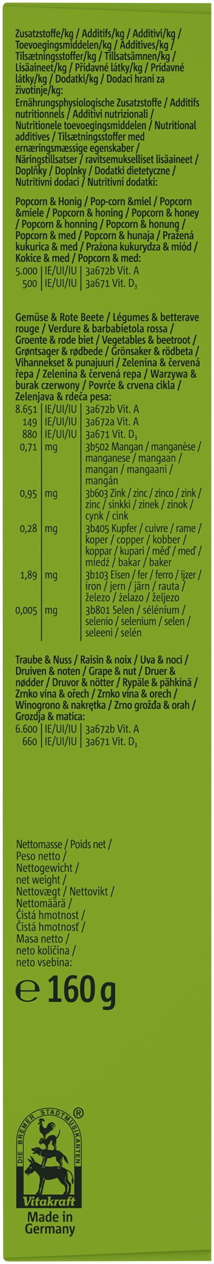 Vitakraft Kräcker Mix, bastoncini da sgranocchiare per conigli nani, con popcorn e miele, con verdura e barbabietola rossa, con uva e noci, senza l'aggiunta di zuccheri e cereali (1x 160g)