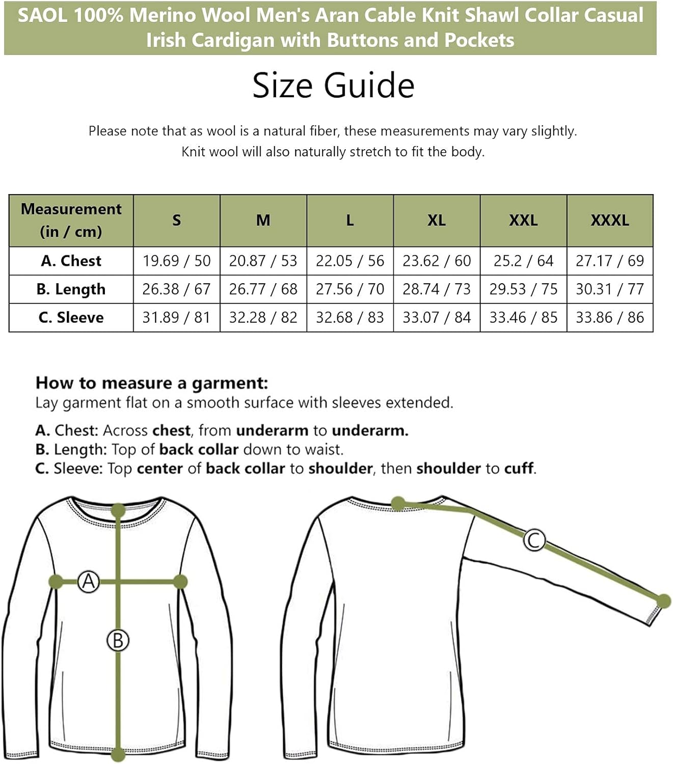 SAOL 100% Merino Wool Men's Aran Cable Knit Shawl Collar Casual Irish Cardigan with Buttons and Pockets - Image 8