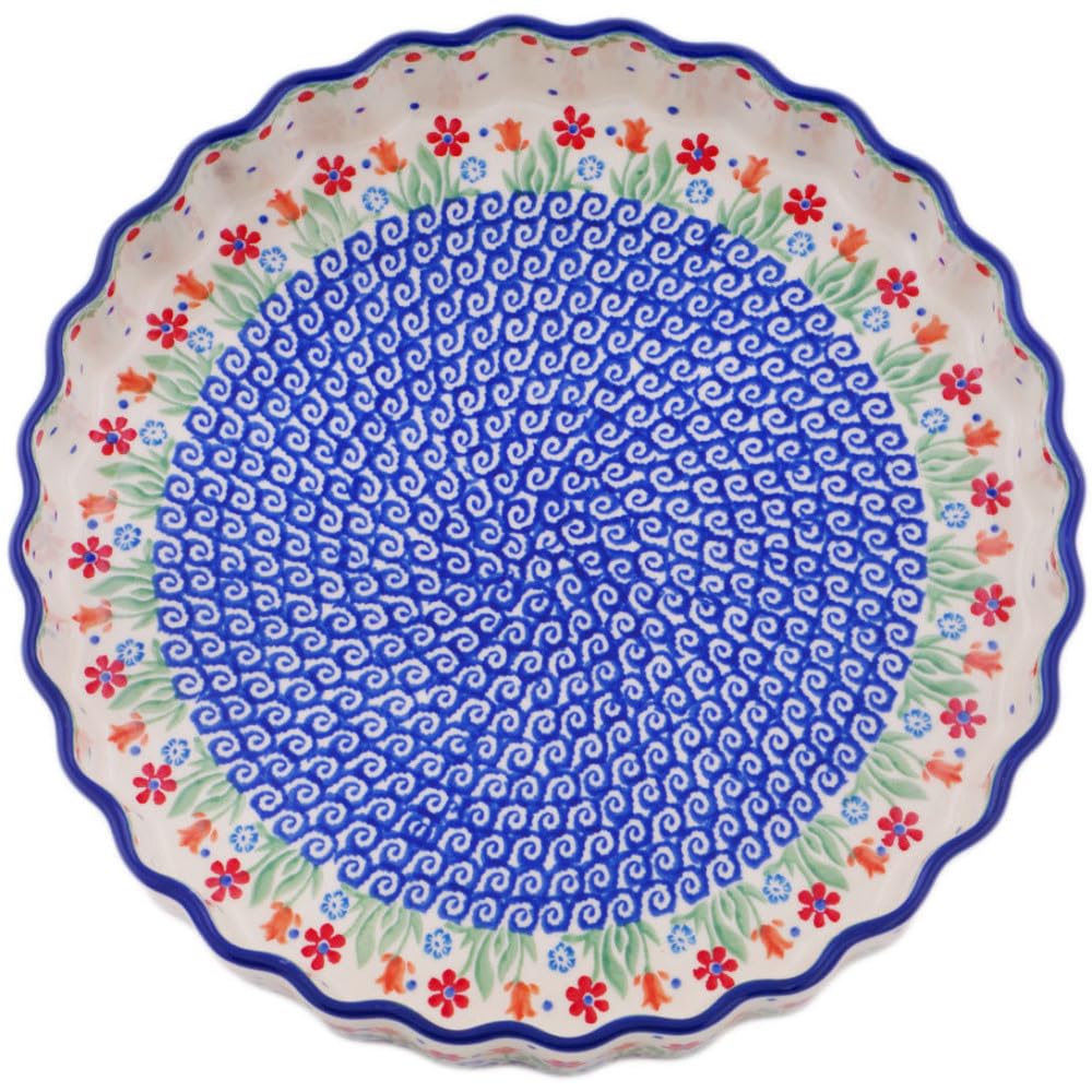 Authentic Polish Pottery Fluted Pie Dish in Babcia's Garden Design Handmade in Boles?awiec Poland by Ceramika Artystyczna + Certificate of Authenticity