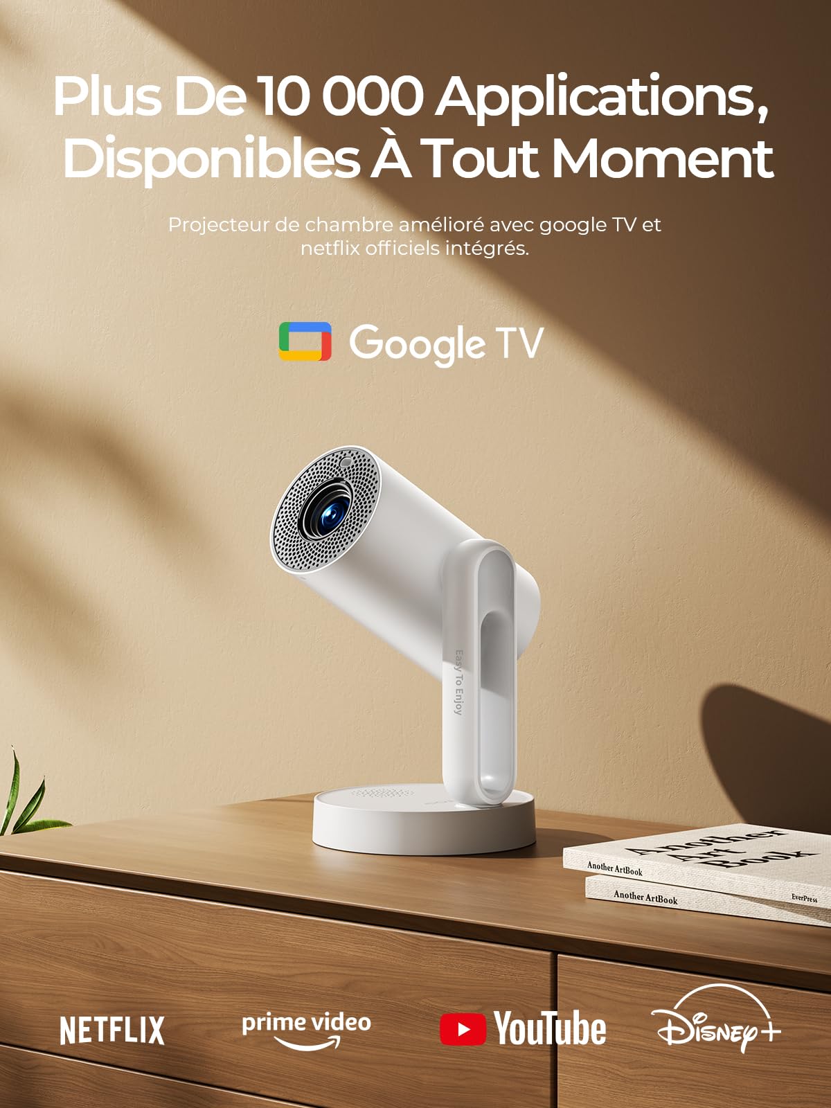 Projecteur Video 4K Supporté,Google TV, Auto Focus/Keystone WiFi Bluetooth FHD 1080P, Video Projecteur avec Rotatif 140°, Veilleuse Tactile ETOE Starfish Plus 300 ANSI Retroprojecteur ​Home Cinéma