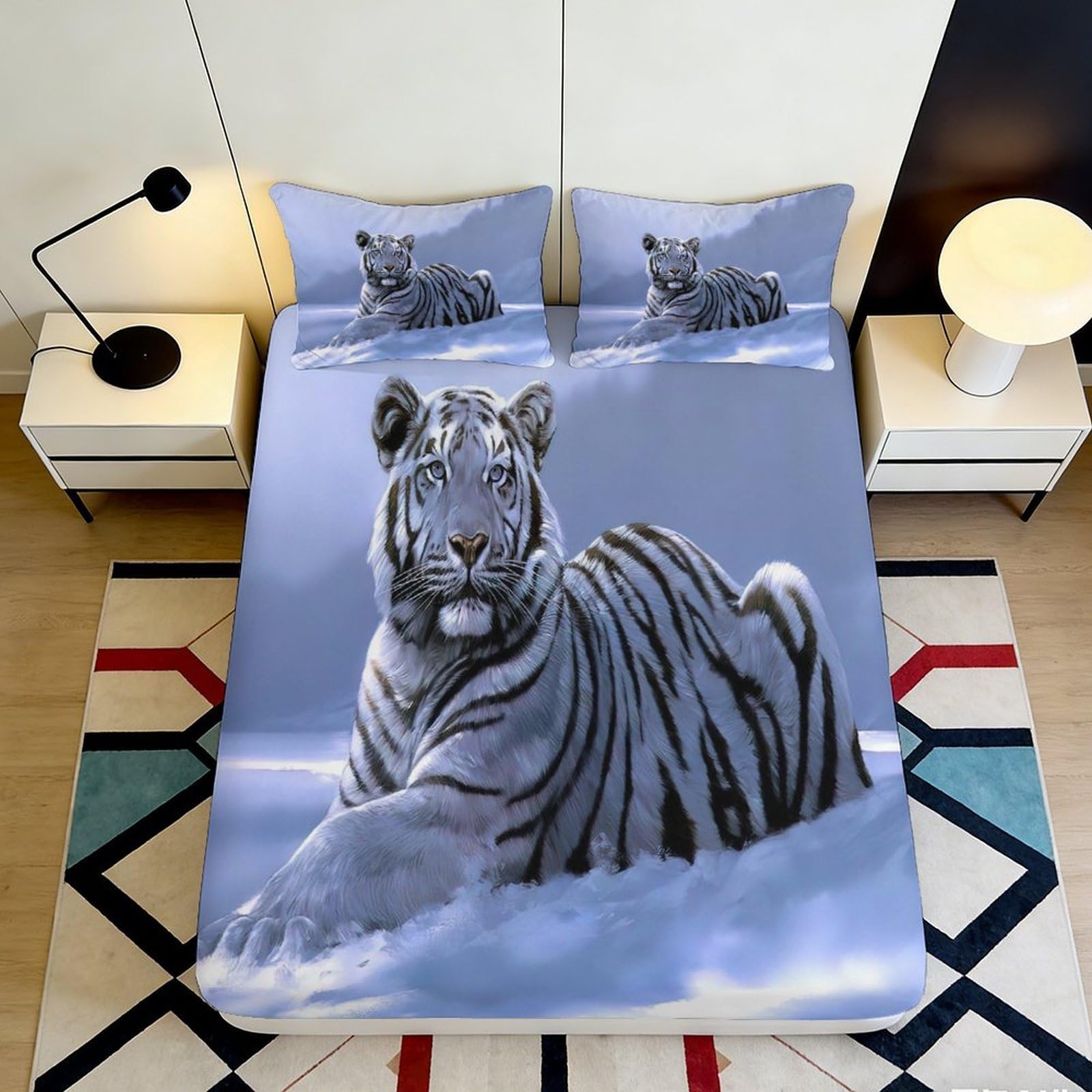 Pnayamiorkfel Style-6 3D Printed White Tiger Snow Fitted Sheet Microfiber Soft Anti-Slip Bed Cover For Bedroom Guest Room Decor 90X200x25cm