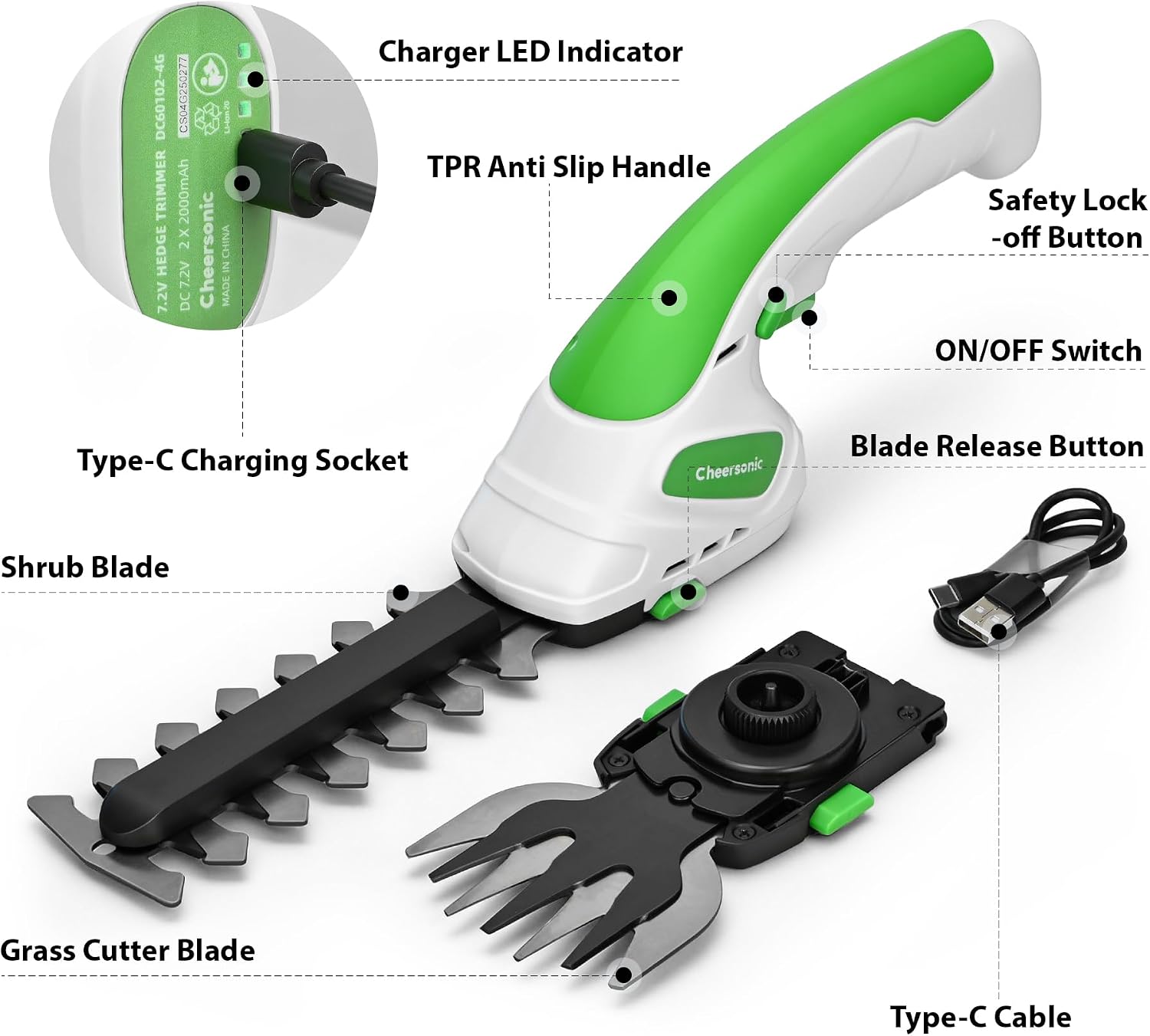 Cordless Grass Shear & Hedge Trimmer 7.2V Handheld Electric Grass Trimmer with 2 * 2000mAh Battery 2 in 1 Lightweight Shrub Trimmer Type-C Cable for Small Bushes, Lawn Edging & Garden Green