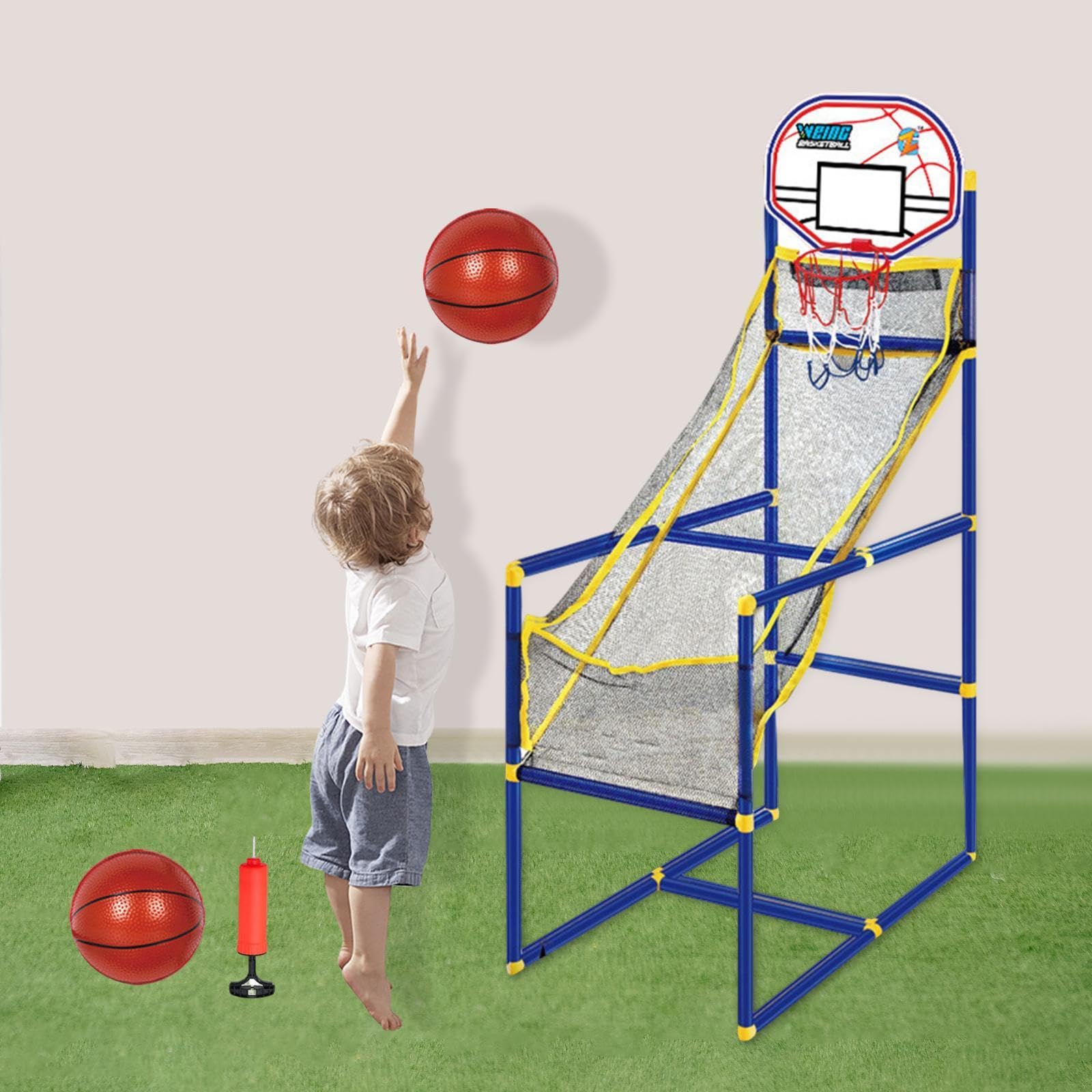 Set da Basket Arcade in 3 Pezzi, Canestro da Basket per Interni, Palla Gonfiabile, Supporto Regolabile per Bambini, Struttura Robusta, Adatto per, con 2 Basket