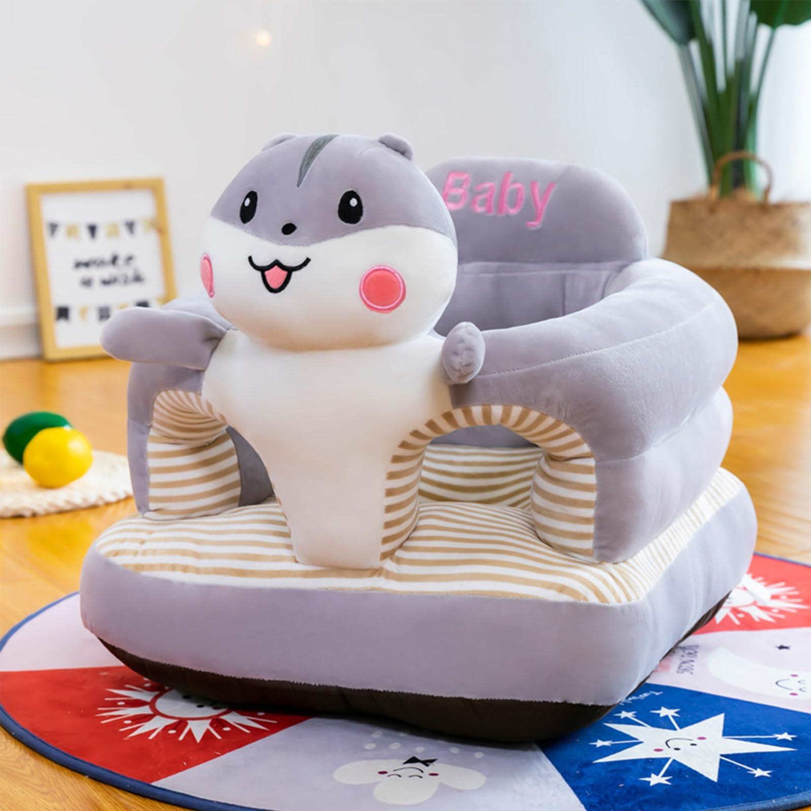 HEVOY Baby Seat for 3-24 Month, Infant Back Support Floor Chair, Plush Cartoon Animals Baby Sofa, Toddler Floor Seater for Sitting Up, Portable