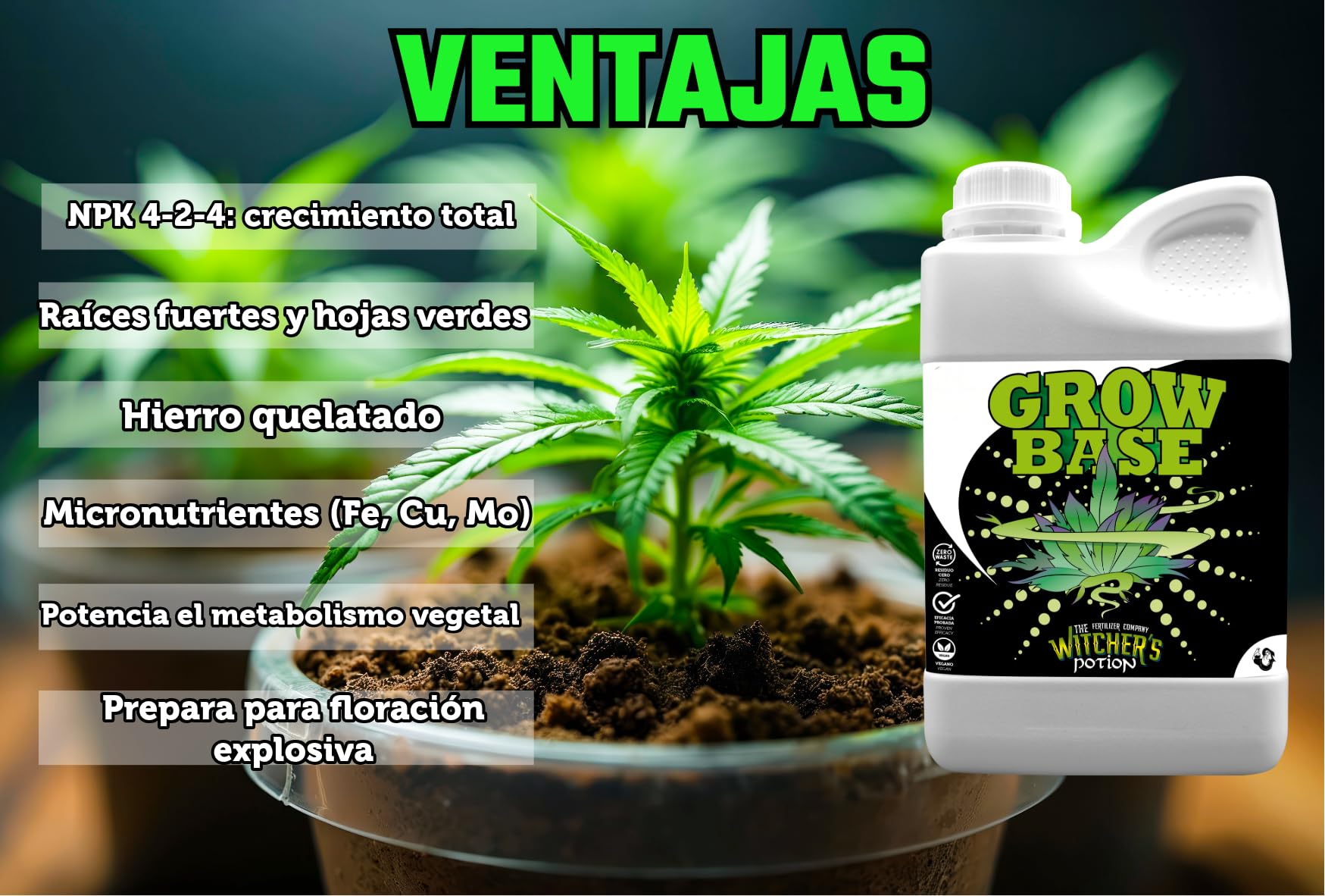 GROW BASE - Witcher's Potion "Cannaboom" (500ml) | Fertilizante Mineral NPK 4-2-4 para Crecimiento Vegetativo | Plantas Verdes, Sanas y Rápidas con Micronutrientes Quelatados
