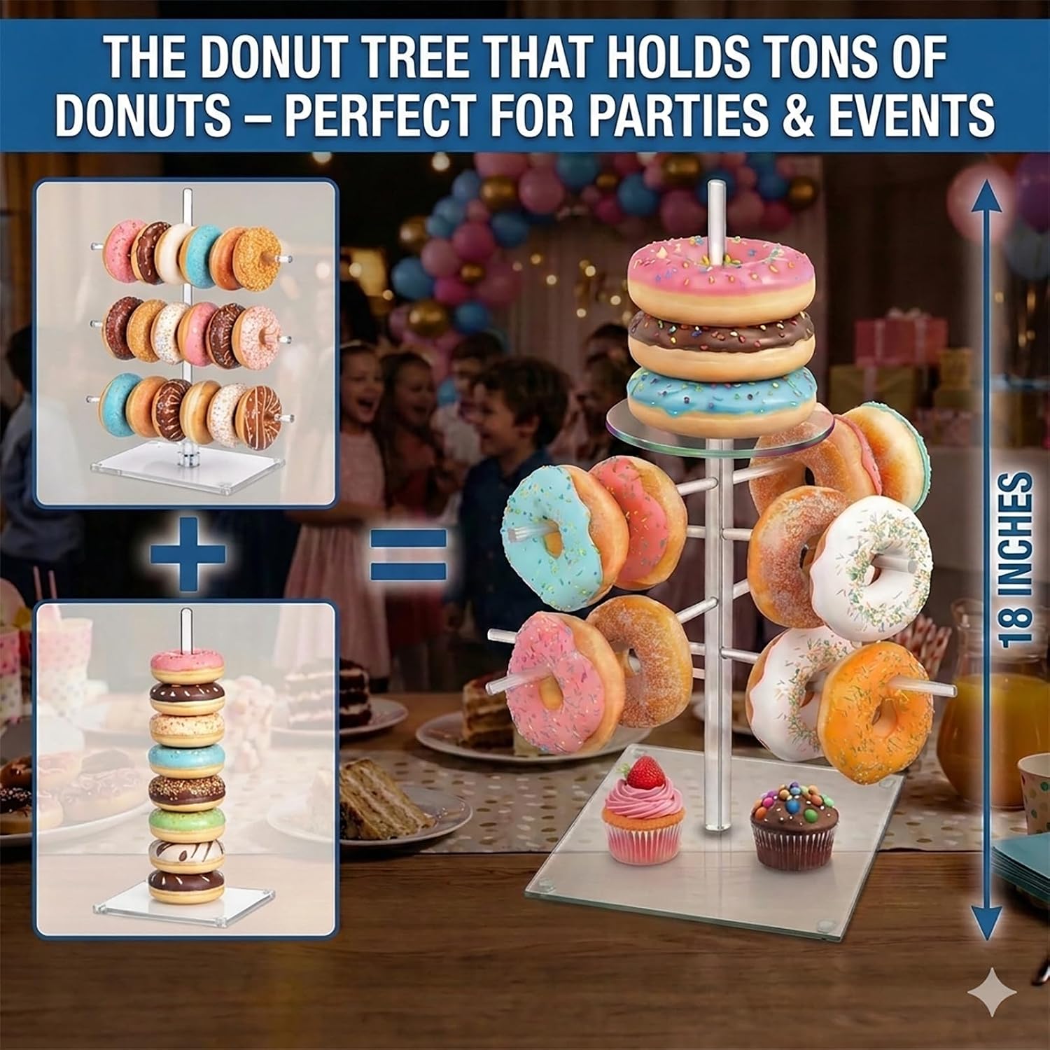Acrylic 1-Pack (12" L × 12" W × 18" H) Donut Stand, Pretzel & Bagel Holder, Clear Dessert Stand, for Donut Party Decorations Shower Birthday Party