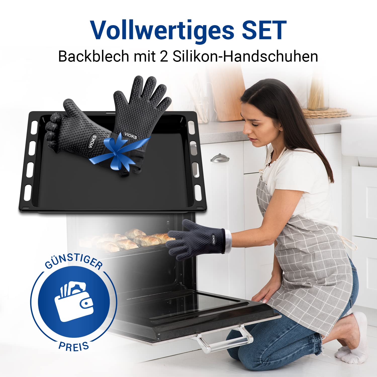 VIOKS Bandeja de horno extensible/ajustable 422 x 370 mm + guantes de barbacoa resistentes al calor / guantes de horno de repuesto para Bosch 00790278 / bandeja de horneado para horno de 45 cm