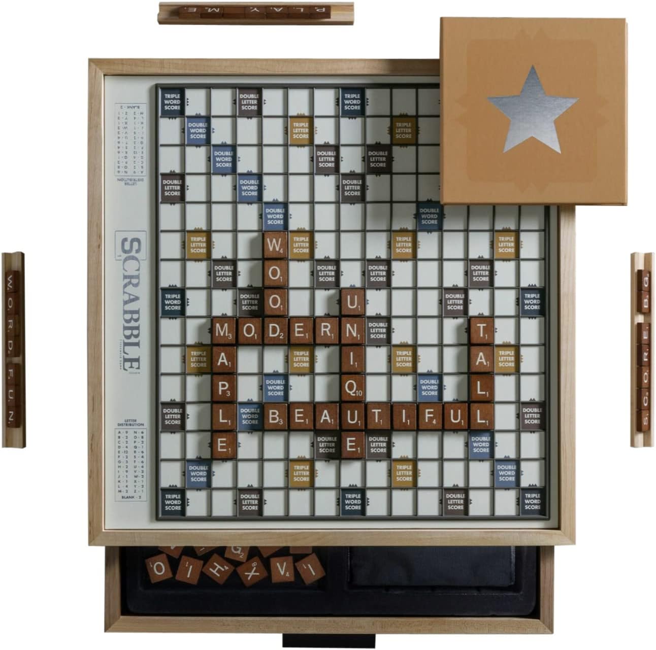 WS Game Company Scrabble Luxe Maple Edition with Rotating Solid Wood Cabinet