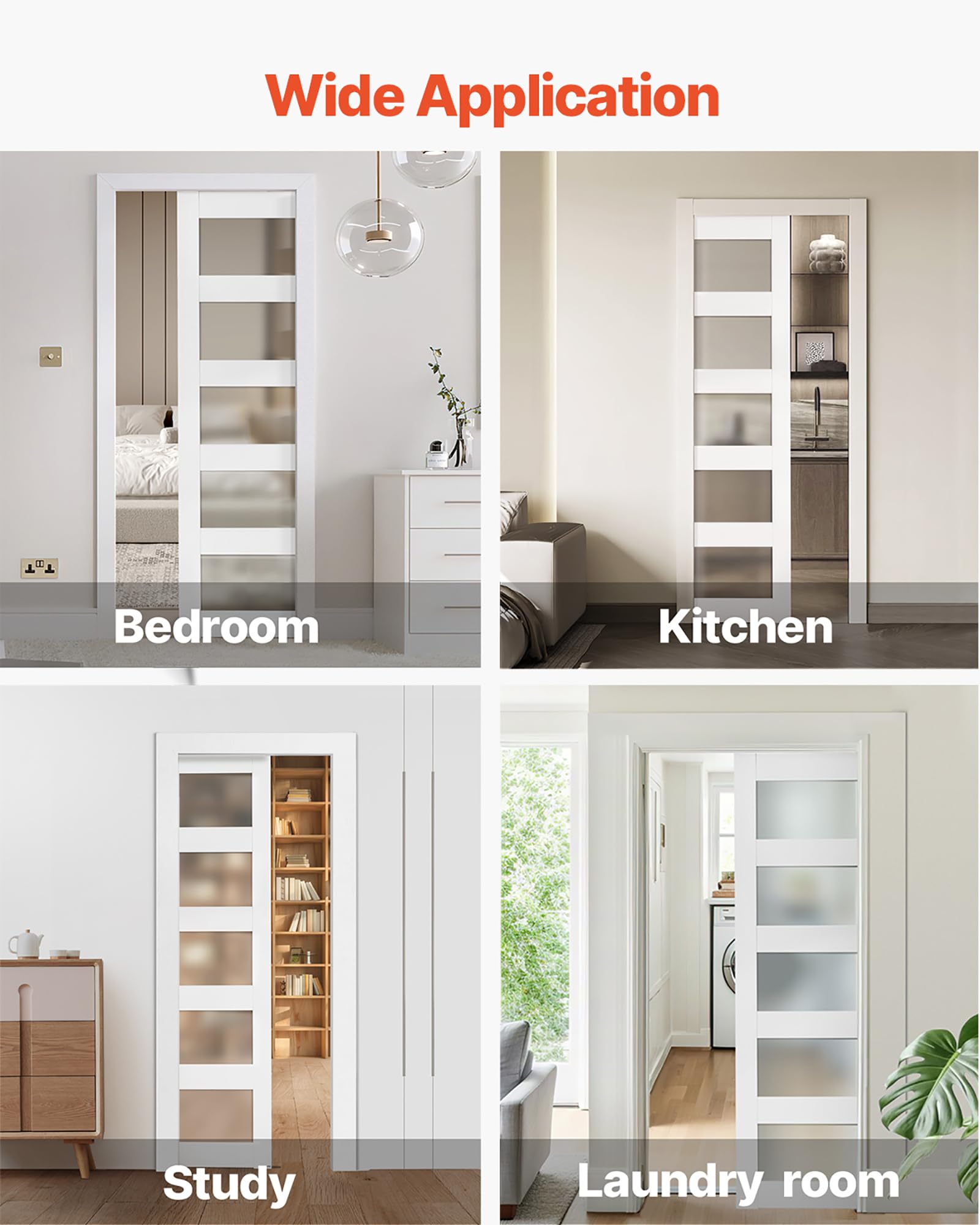 VEVOR Porte Coulissante Escamotable 203,5x76,5 cm, Simple Porte à Galandage avec 5 Panneaux en Verre Dépoli, Kit de Quincaillerie, Robuste en Bois Massif et MDF, pour Chambre, Cuisine, Bureau