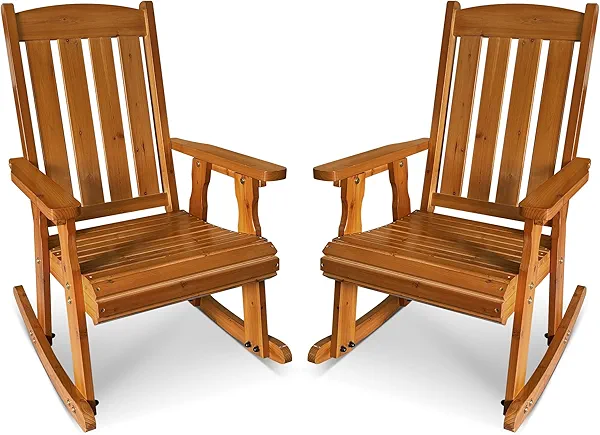 Wooden Patio Rocking Chair with Comfortable Backrest Inclination, High Backrest and Deep Contoured Seat, Solid Fir Wood, Heavy Duty 600 LBS (Natural, 2 Pieces)