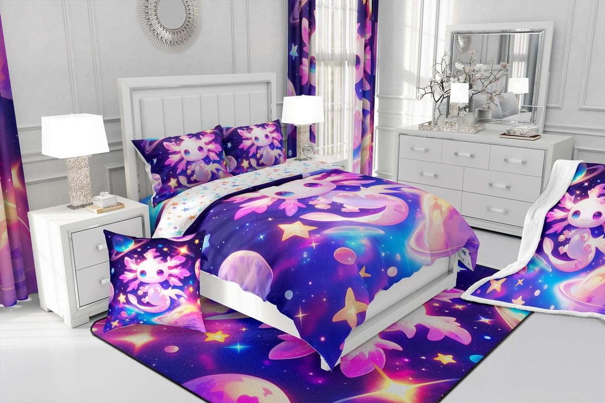 Homewish Axolotl Comforter Cover Single For Kids Boys Girls,Galaxy Planet Space Bedding Set Cartoon Animal Duvet Cover Purple Dreamy Starry Quilt Cover - Image 4