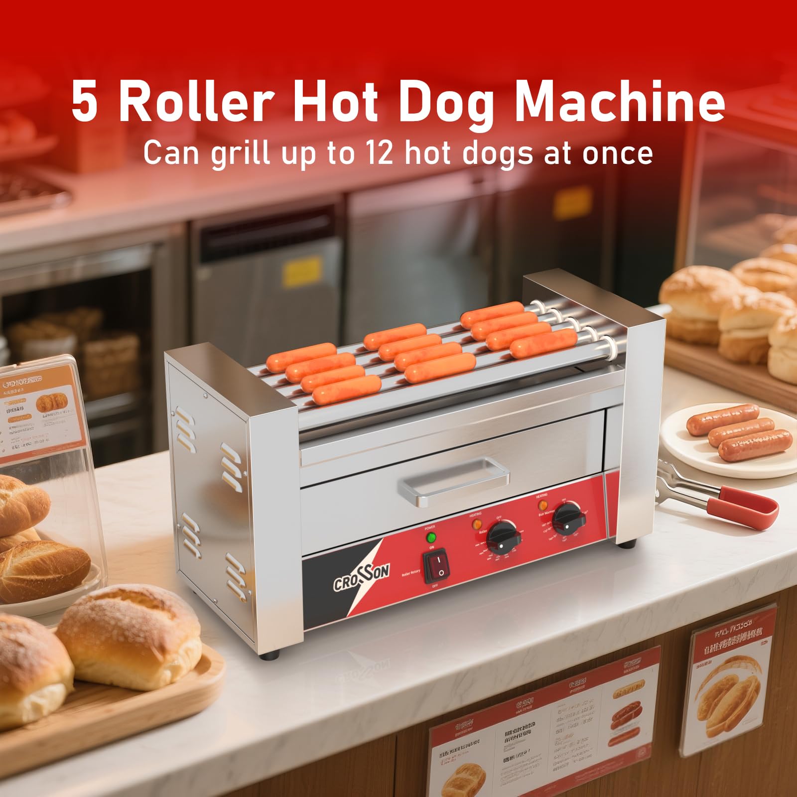 CROSSON Macchina Hot Dog Professionale 5 Rouley con Cassetta Riscaldante per Panini,12 Hotdogs Rullo Elettrico per Hot Dog con Controllo della Temperatura,1050W