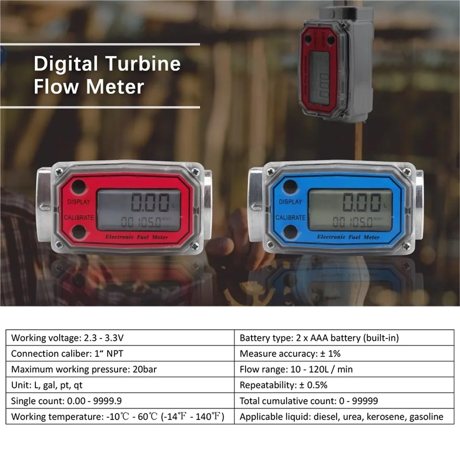 1 unidad de caudalímetro digital de turbina de líquido, indicador electrónico de flujo, PCB, for combustible, gasolina, queroseno, metanol y sensor de agua(Blue)