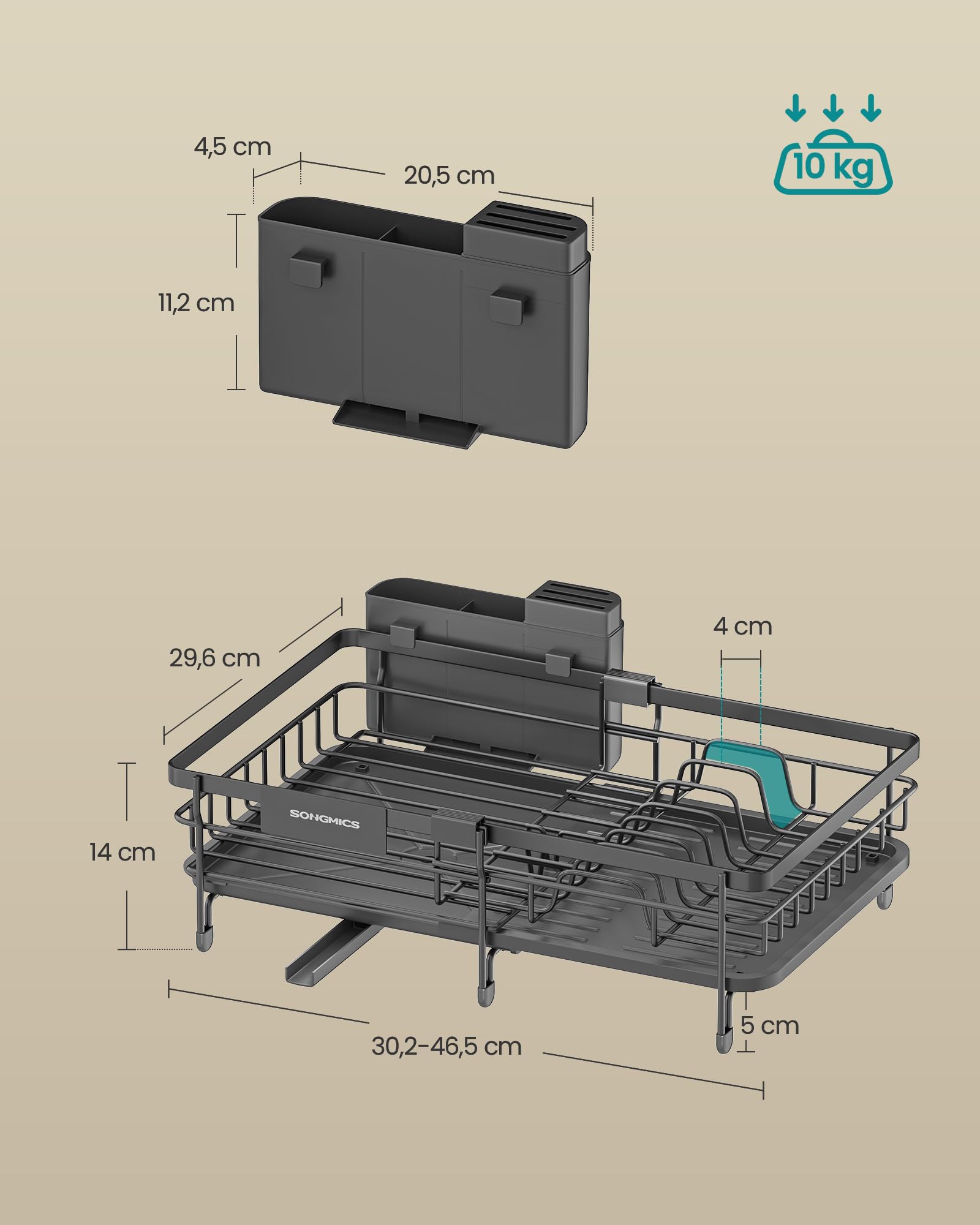 SONGMICS Escurreplatos para Espacios Reducidos, Escurridor de Platos de Cocina Extensible, Boquilla Extensible y Giratoria 360°, Acero, (30,2-46,5) x 29,6 x 14 cm, Gris Antracita KCS556GT01