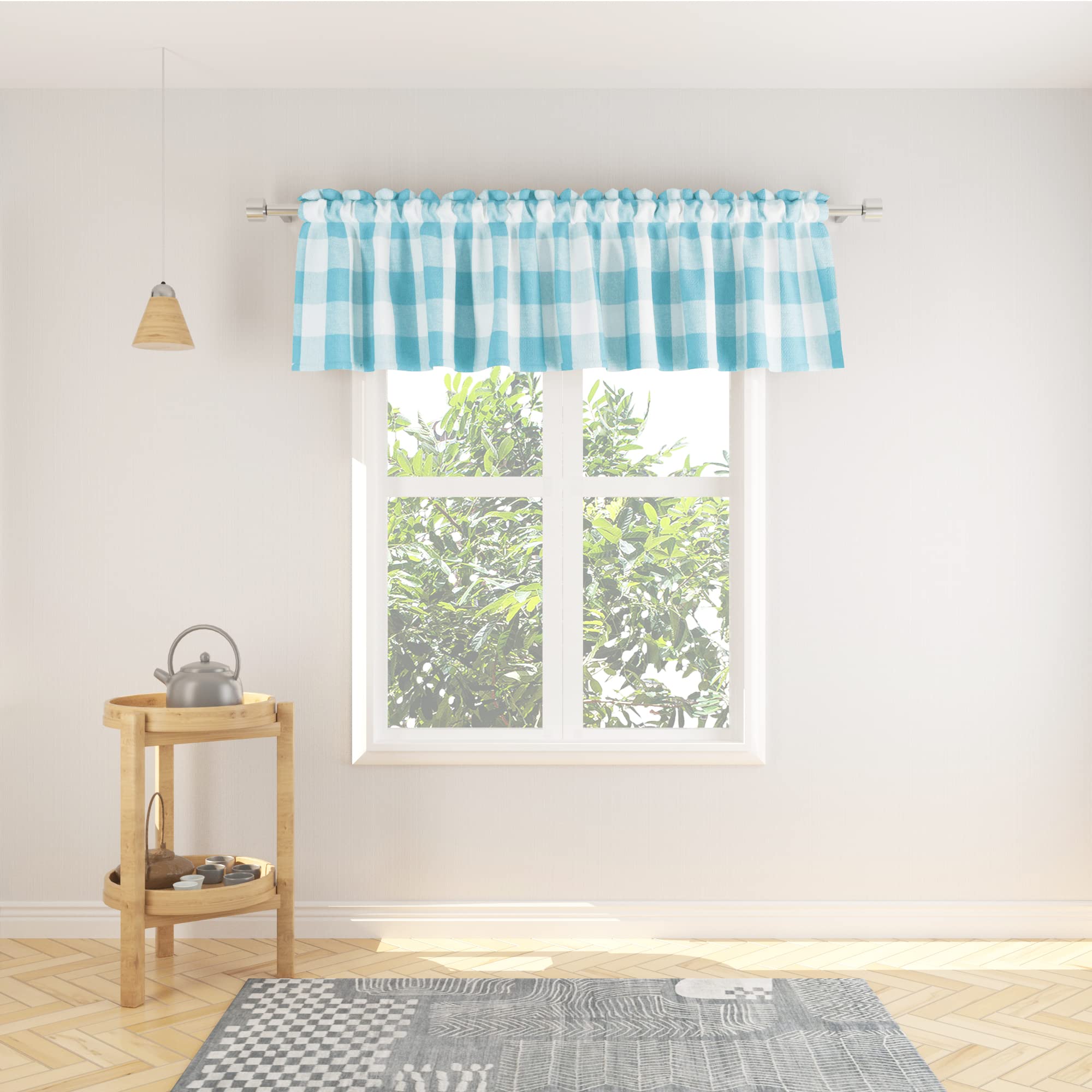 Cenefas de Cortina para Ventana de 35,5 cm de Largo, para Sala de Estar, Dormitorio, 1 Panel, Cenefa pequeña, con Bolsillo para Barra, Color Azul Cielo y Blanco