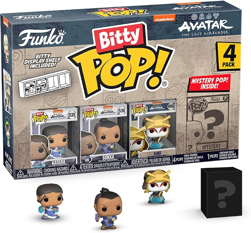 Funko Bitty POP! 4 Pack: Avatar: TLA - Katara, Sokka, Suki + Mystery | Official Anime Merch - Tiny 0.9 inch Figures with Display Shelf - Cake Topper, Party Bag and Stocking Filler Gift