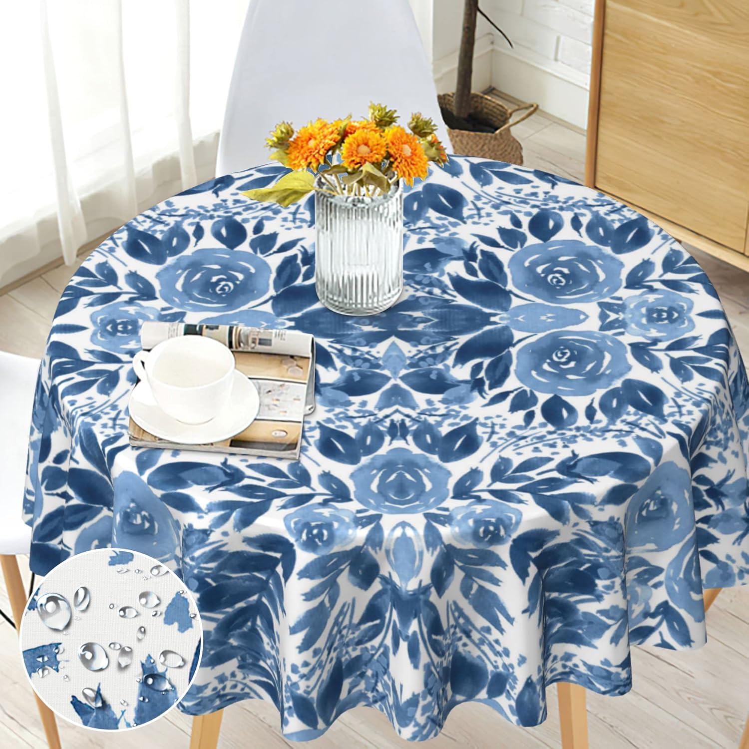 Arroganttiom Round Tablecloth 70 inch, Floral Round Table Cloth, Stain Resistance, Water Repellent and Wrinkle-Free, Blue Flower Tablecloth for Home