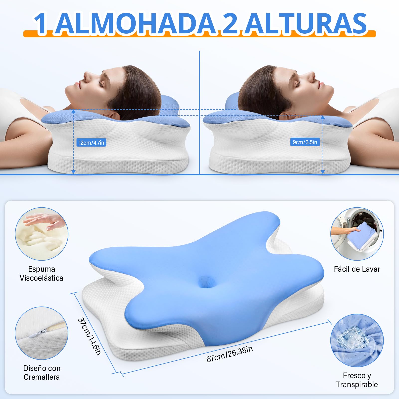Ehomfory Almohada Cervicales y Cuello, Almohada Cervical Almohada Antironquidos, Almohada Ergonómica para Dormir de Lado, Boca Arriba y Boca Abajo, 67x37x9/12 CM