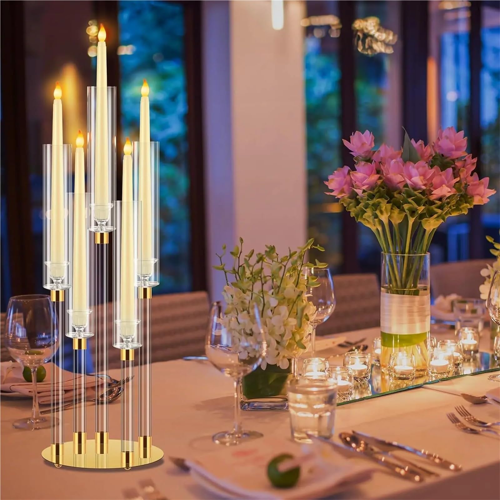 Portavelas Candelabros de Mesa Transparentes de Cristal de 5 Brazos con Pantalla