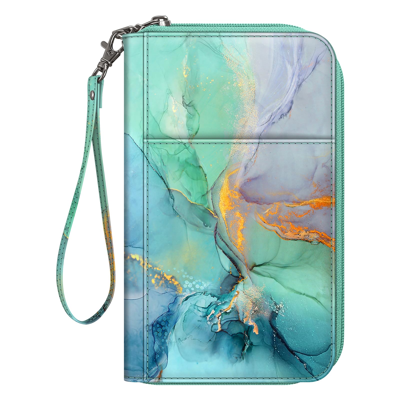 FINTIE Passport Holder Travel Wallet for Family 4-6, RFID Blocking Travel Document Organizer Clutch Bag for Passports, Business Cards, Credit Cards, Boarding Passes, Emerald Marble