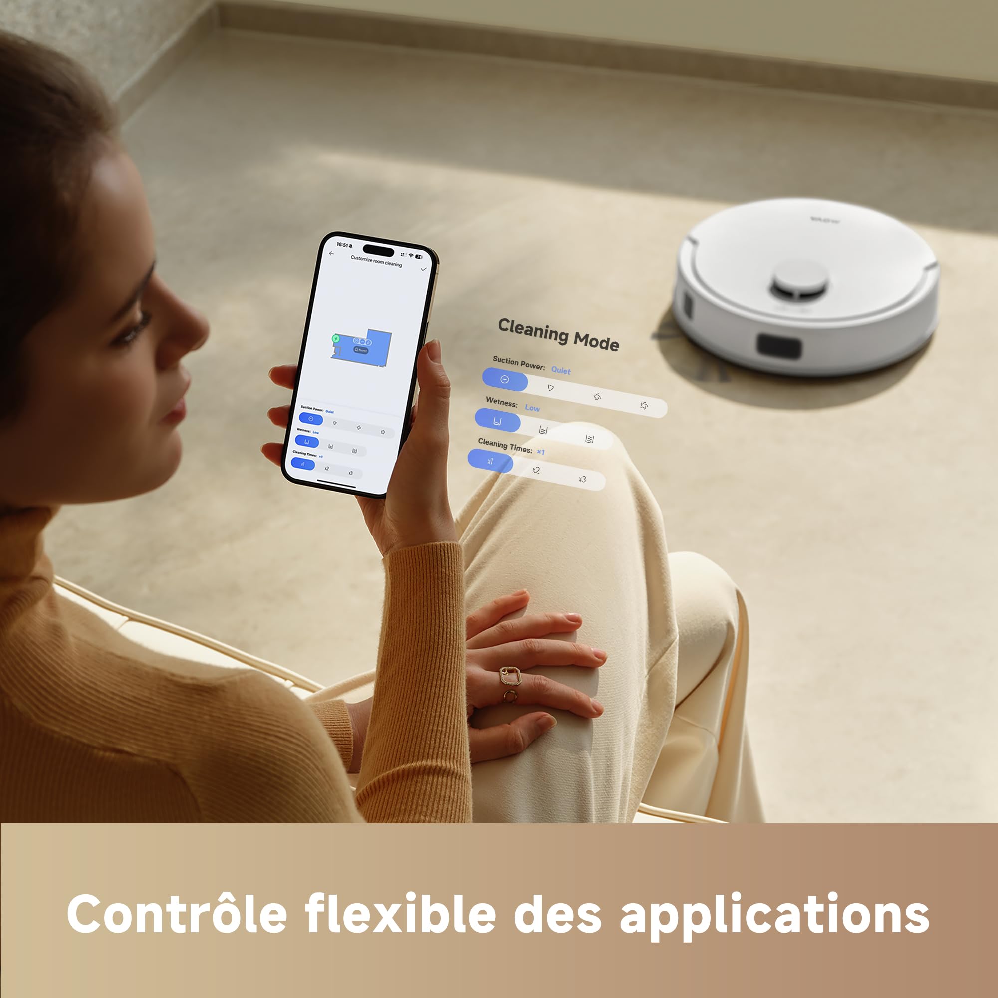 Mova E20 Plus Robot aspirateur Laveur avec Vidage Automatique, Auto-vidangeable Pendant 90 Jours, Navigation LDS, Puissance d'aspiration de 5 000 Pa, Aspirateur et Mop 2-en-1, Corps Compact