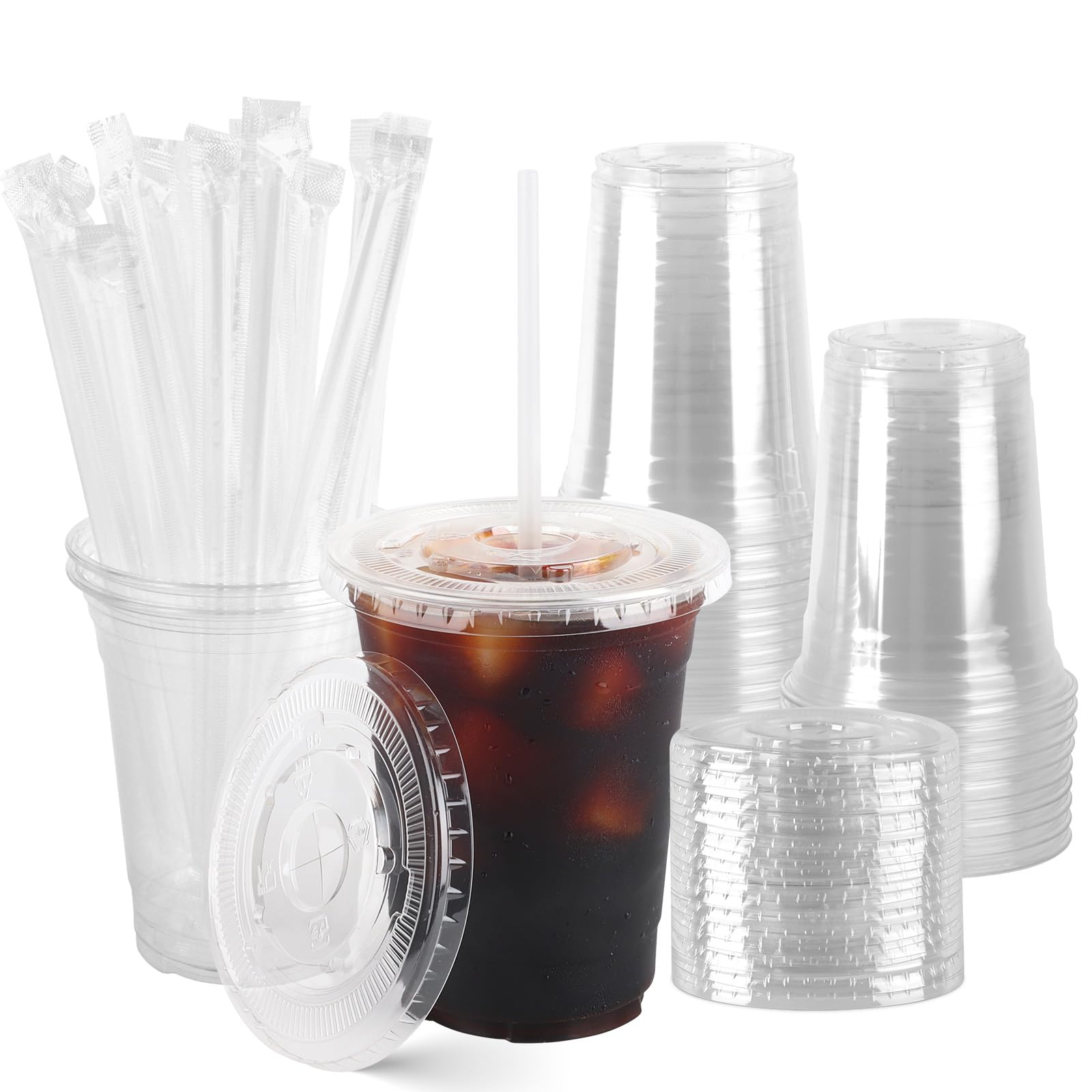 Hxezoc 16 oz Plastic Cup with Lids and Straws, 24 sets Disposable Coffee Cups for Iced Coffee Cold Drinks Smoothies Supplies