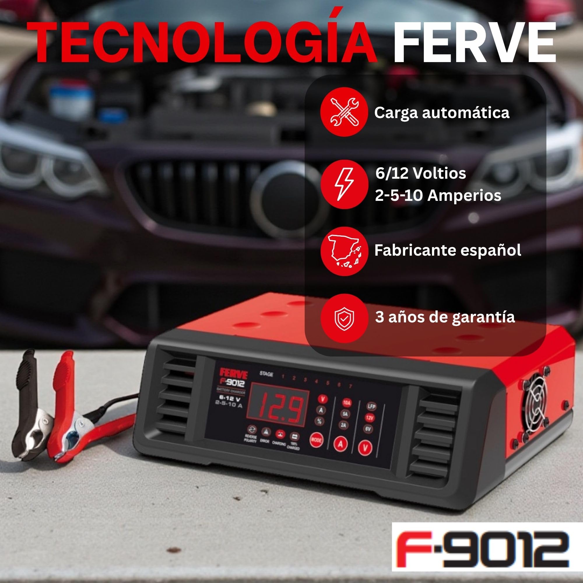 Ferve F-9012 Cargador de Bateria Automático - Mantenedor Inteligente 2-5-10A 6V/12V para Moto y Coche - Tecnología RF - Autoreinicio - con Pinzas y Terminales - para Baterias de Plomo-Ácido y Litio.