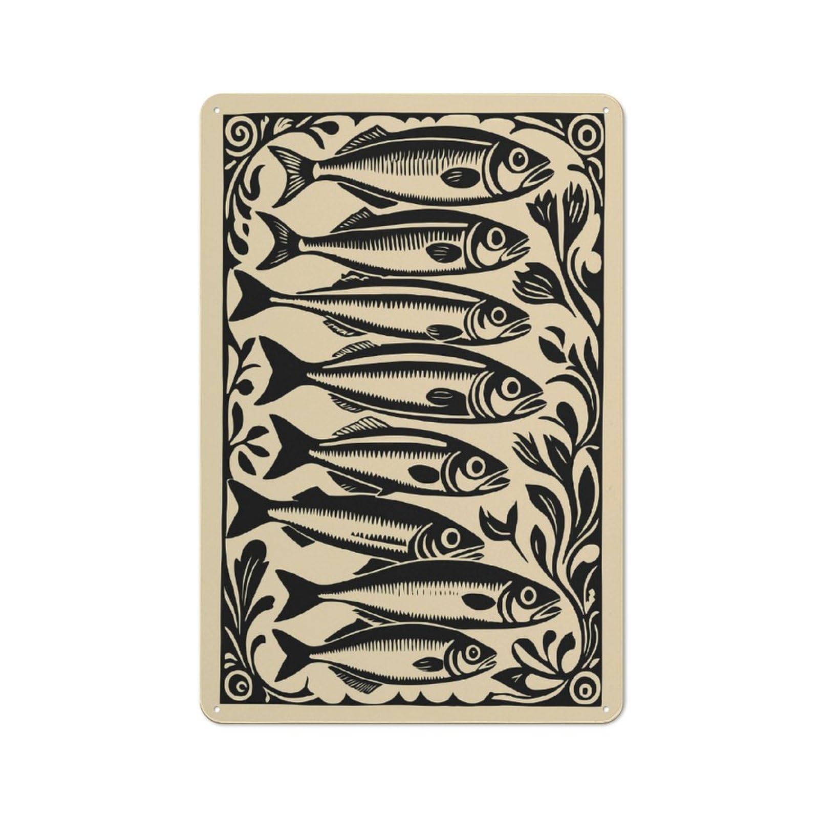 Fish Illustration with Floral Border Classic Metal Wall Decor 30x20cm, Metal Wall Plaque for Hobby Room, Office, Lounge Or Living Room