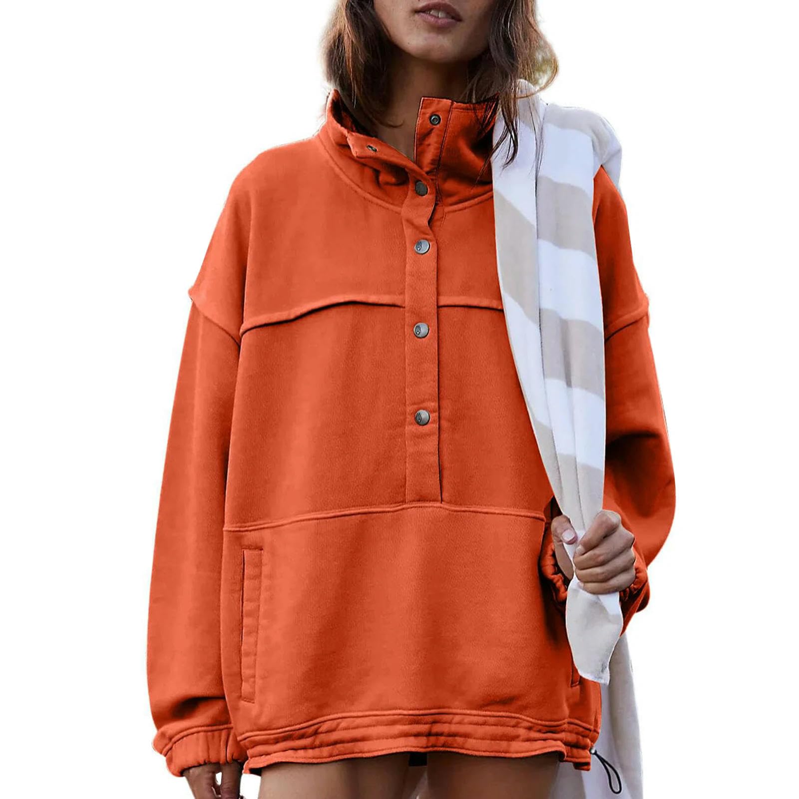 Sudaderas holgadas para Mujer, suéteres de Gran tamaño de Invierno, Tops de Cuello Alto con Cierres a presión, Sudaderas de Manga Larga, Gris, S