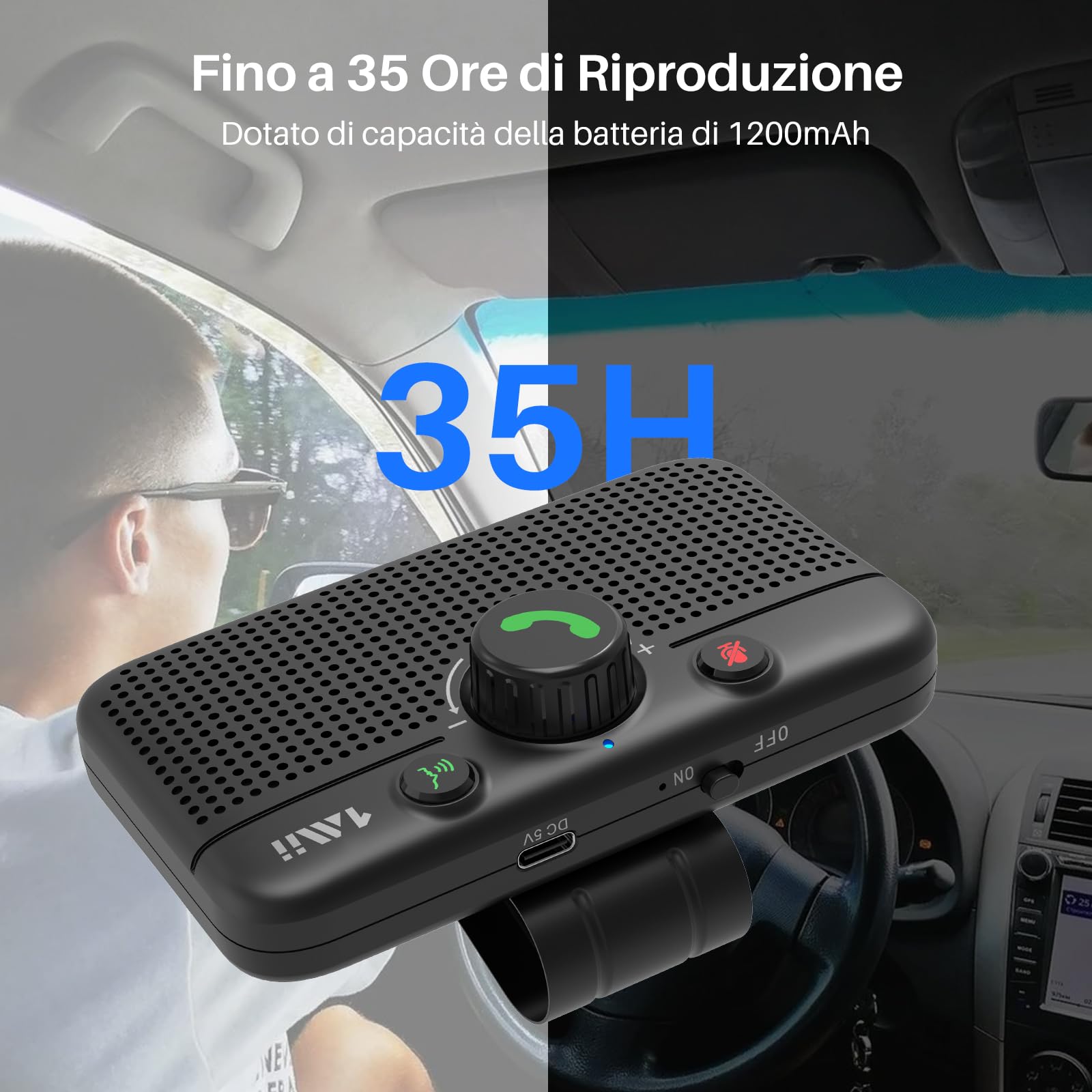 1Mii Kit Vivavoce per Auto Bluetooth 5.3 con Siri Assistente Comandi Vocali di Google Altoparlante, per Chiamate Viva Voce, GPS, Connessione Automatica, Altoparlante da 3W, Connettività Dual Link