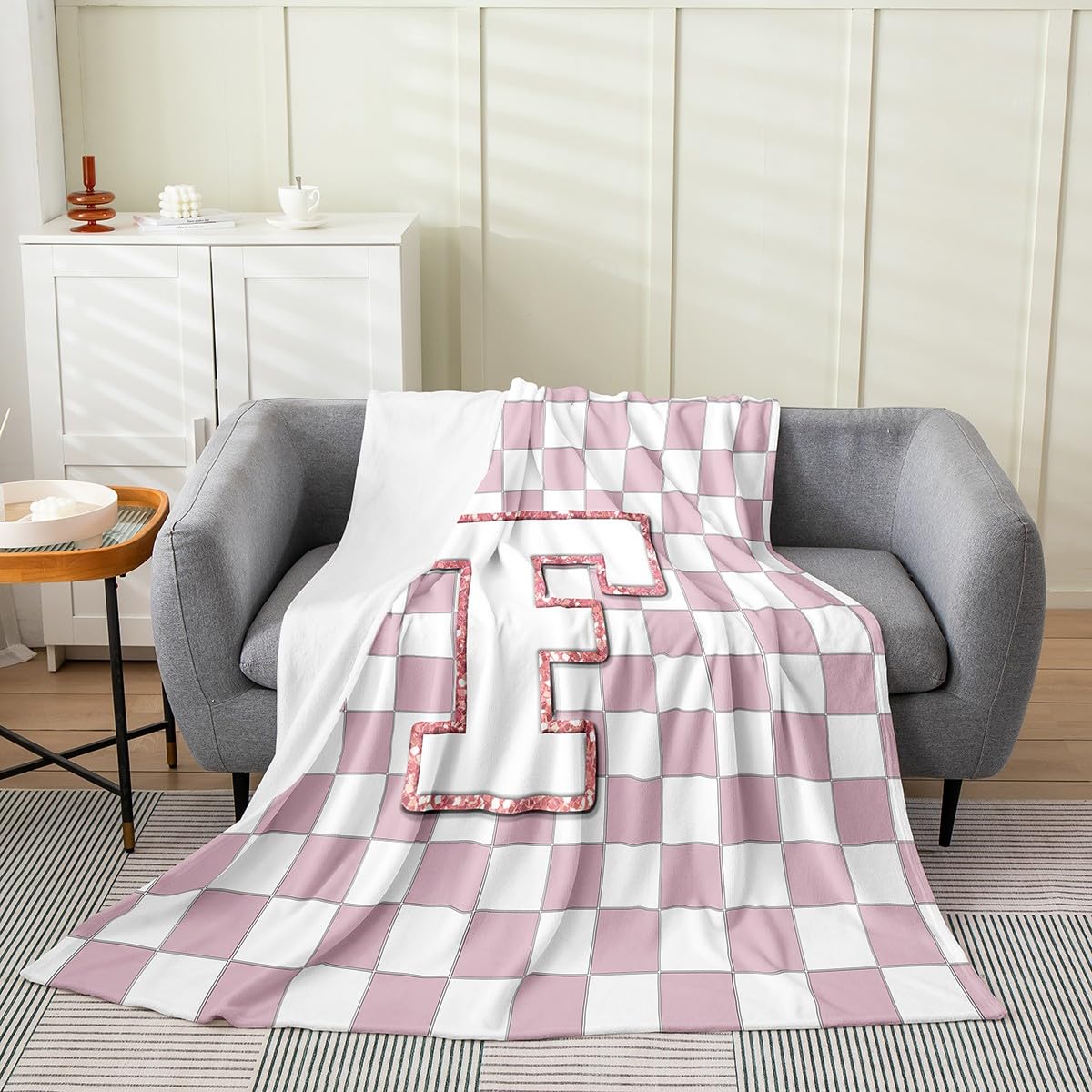 Erosebridal Pink Initial F Fuzzy Plush Throw Kawaii Plaid Checkered Fleece Blanket Cute Personalized Monogram Flannel Blanket for Kids Girls,Fashion Grids Gingham Decor for Bed Couch Throw 50"x60"