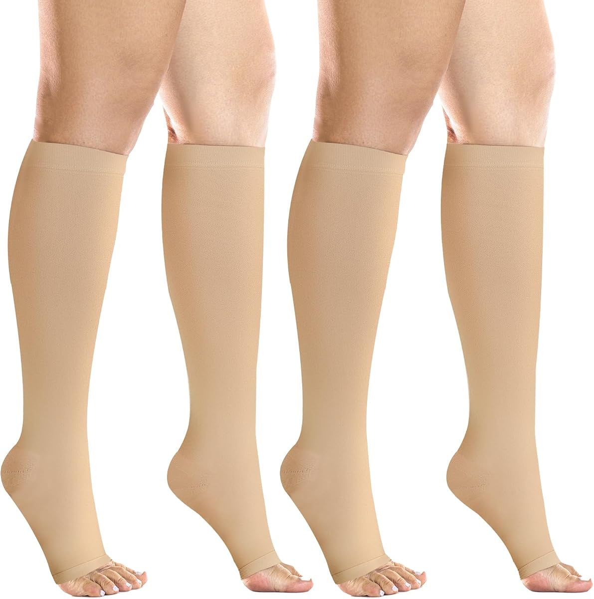 +MD 2 Pairs 20-30 mmHg Compression Socks for Women & Men, Knee High Open Toe Stockings, Graduated Support & Comfort Hose