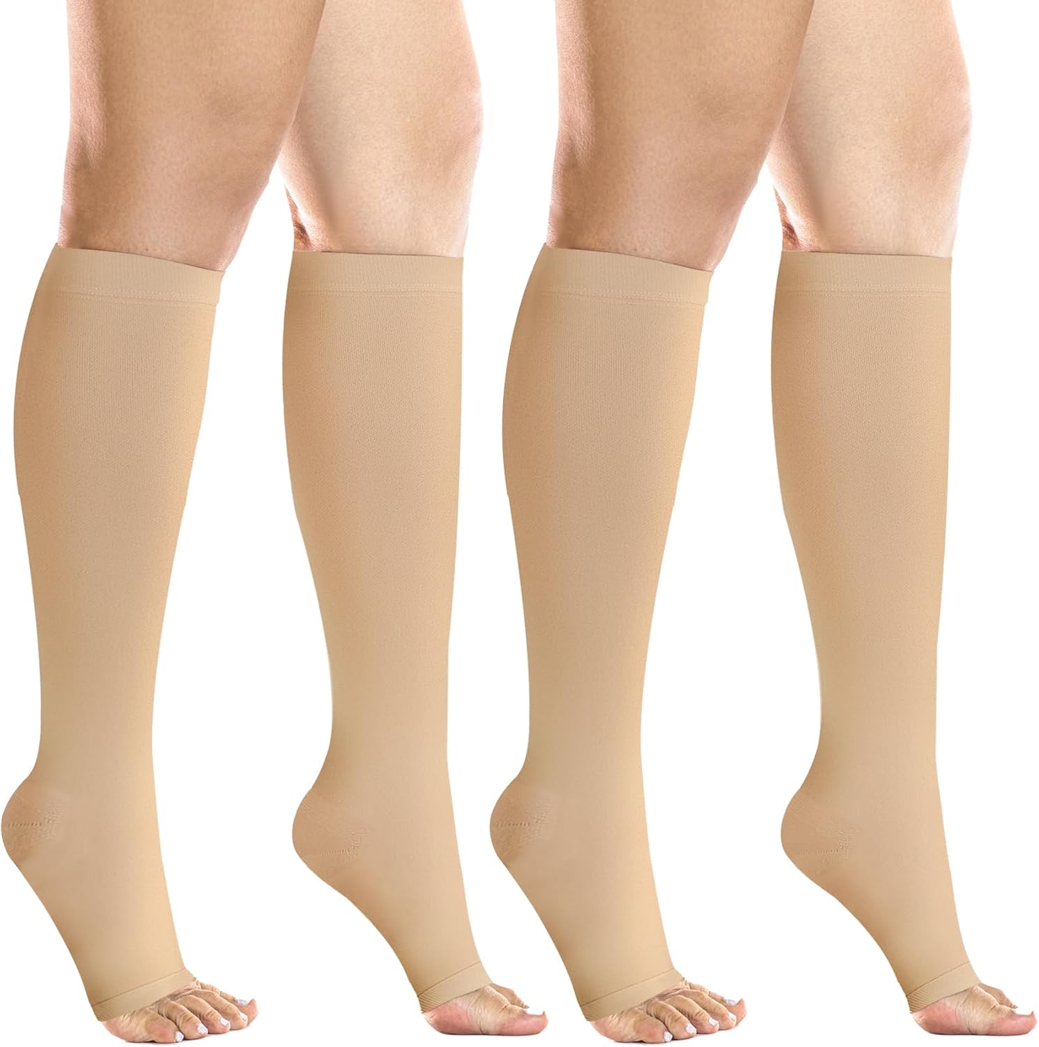 +MD 2 Pairs Medical Compression Socks for Women & Men 20-30 mmHg, knee High Open Toe Stocking for Edema, Varicose Veins Medium 2 Pairs Nude