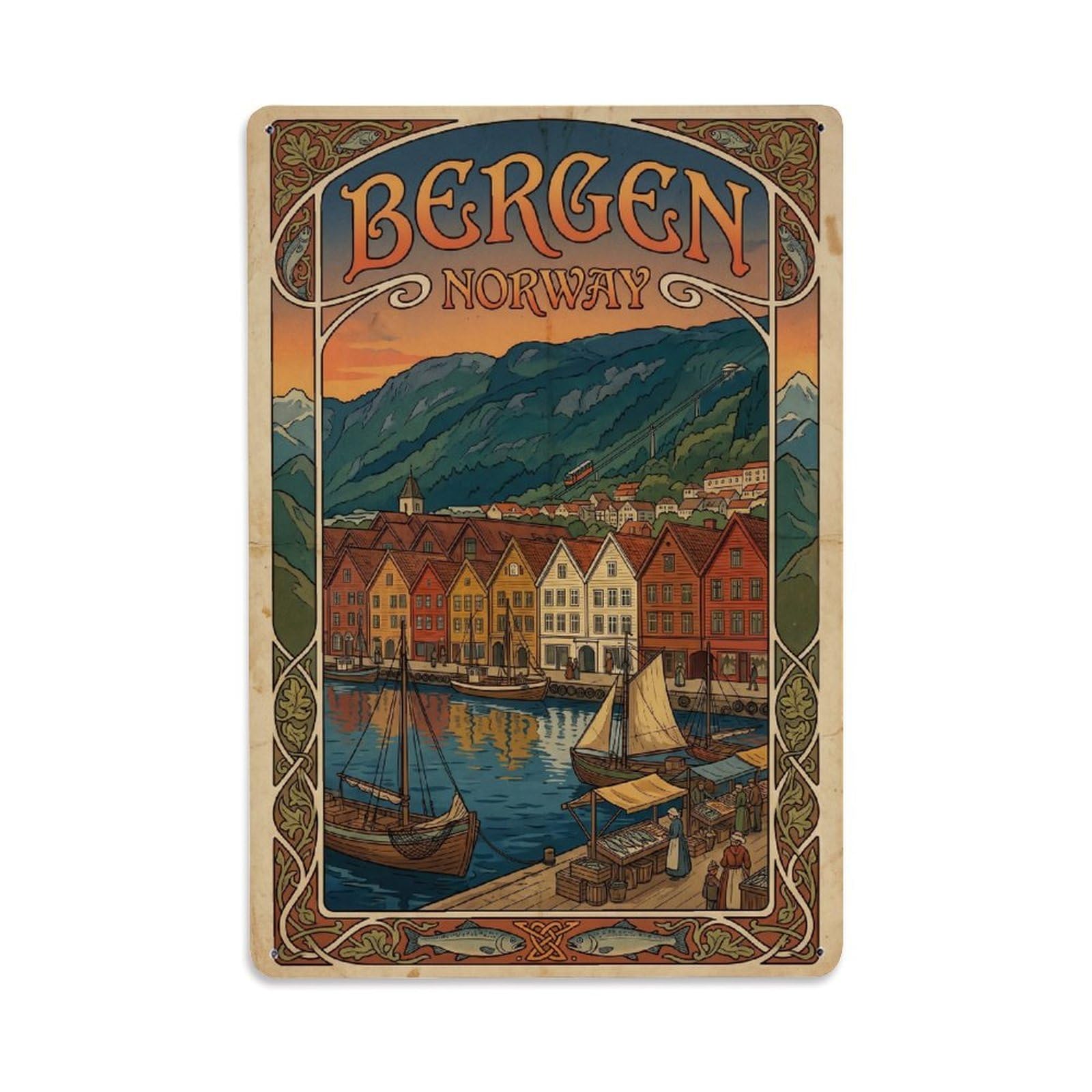 Travel Retro Norway Bergen Metal Tin Sign Plaque Wall Decor for Cafe, Club Bar, Office, Garden Metal Poster 8x12Inch
