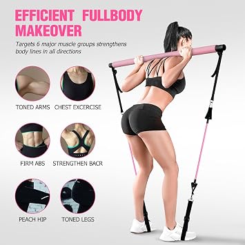Pilates Bar Kit with Resistance Bands, Multifunctional Pilates Bar for Women & Men with Heavy-Duty Metal Adjustment Buckle, Pilates Home Equipment for Full Body Workouts