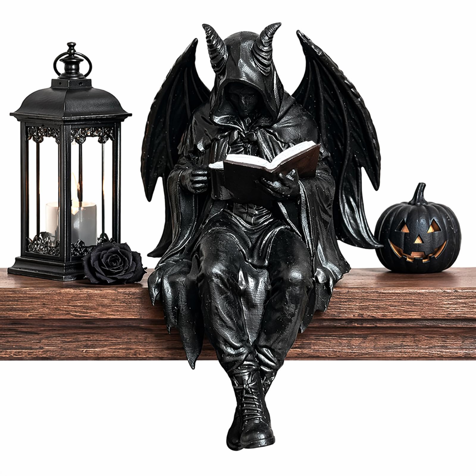 Gothic Reading Statue Set - Grim Reaper Skeleton & Winged Hooded Figurines, Black Robe Sitting Sculptures for Bookshelf, Desktop, Halloween Room Decor, Resin Collectible Gifts
