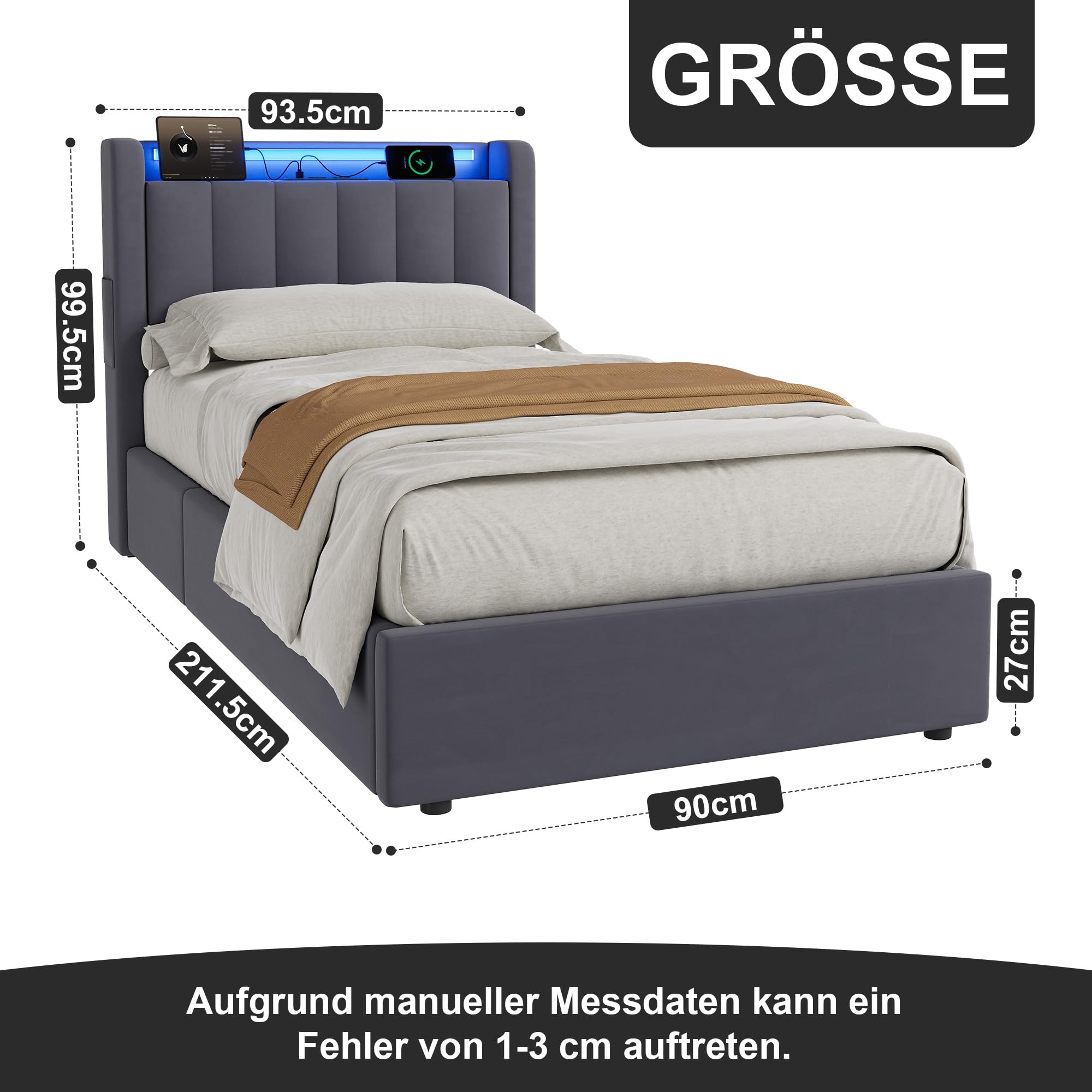 okwish Letto baule 90 x 190 cm con LED e USB, letto imbottito con testiera portaoggetti e contenitore idraulico, in velluto grigio scuro, senza materasso