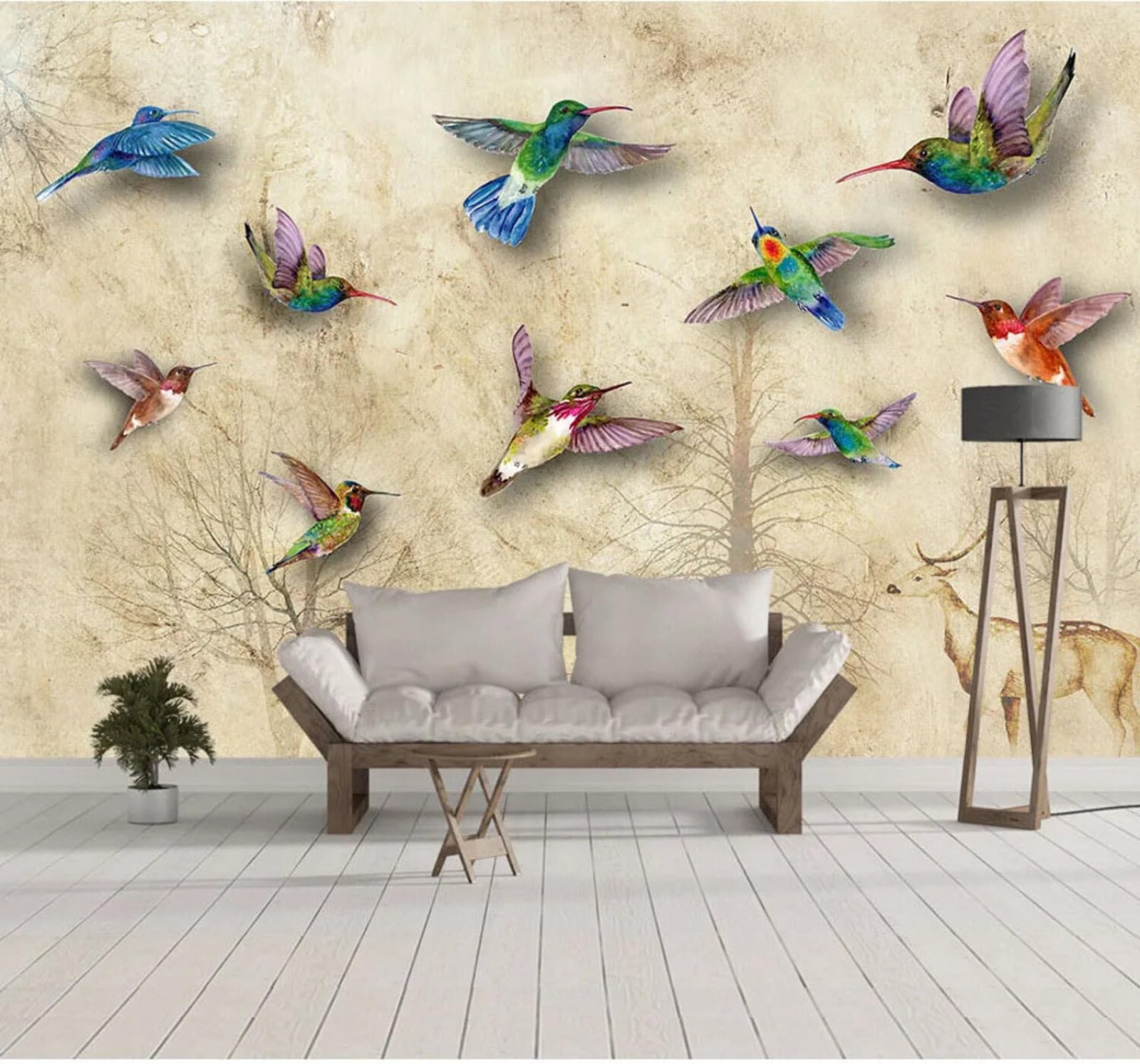 Retro Hand Drawn Trees Reindeer Birds 3D Wallpaper Easy Install Feature Office Living Room Sofa Bedroom TV Background Wall Decoration-350cm×256cm